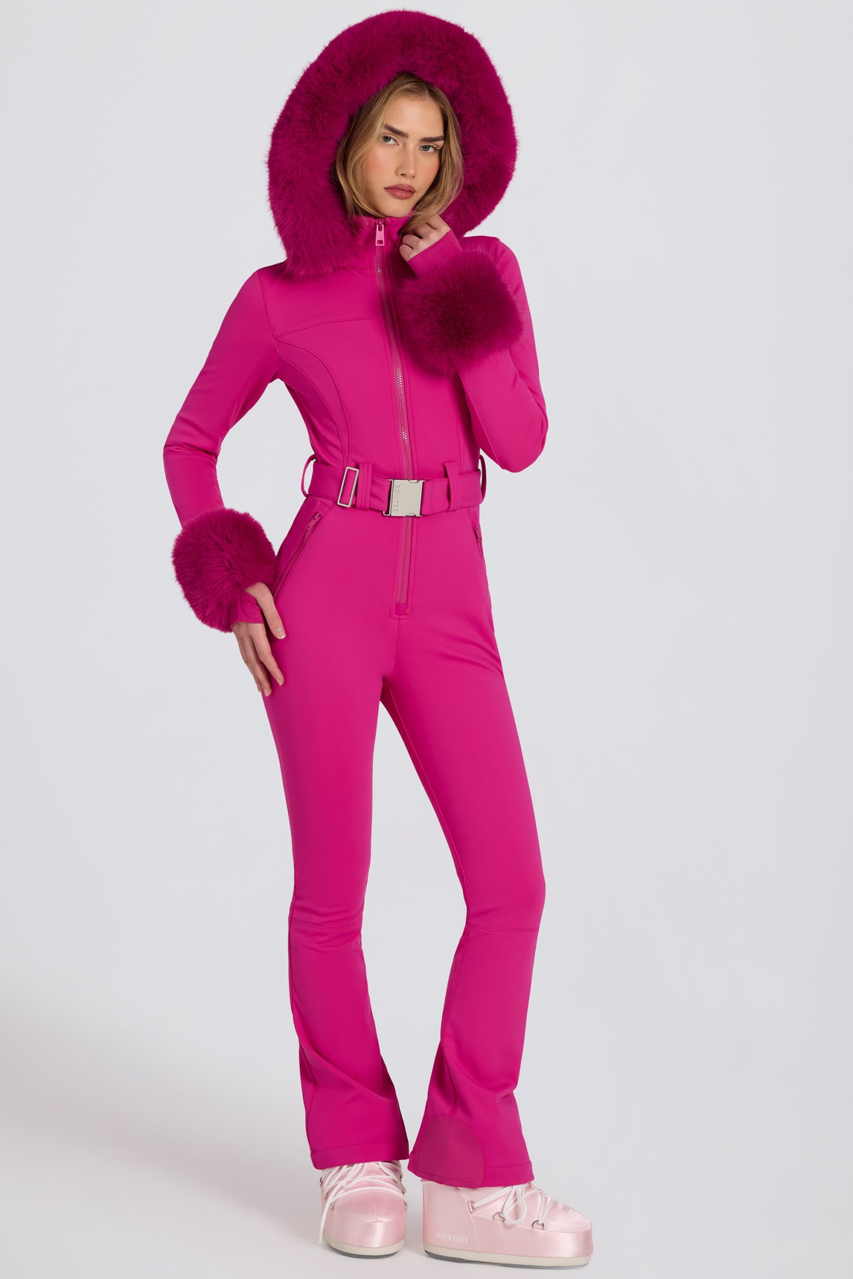Waterproof Faux-Fur Hood Fitted Ski Suit in Magenta Pink - Image 7