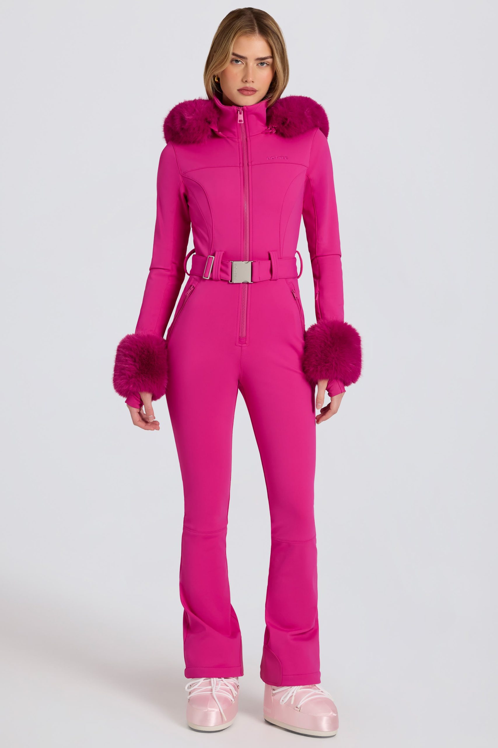 Waterproof Faux-Fur Hood Fitted Ski Suit in Magenta Pink - Image 8