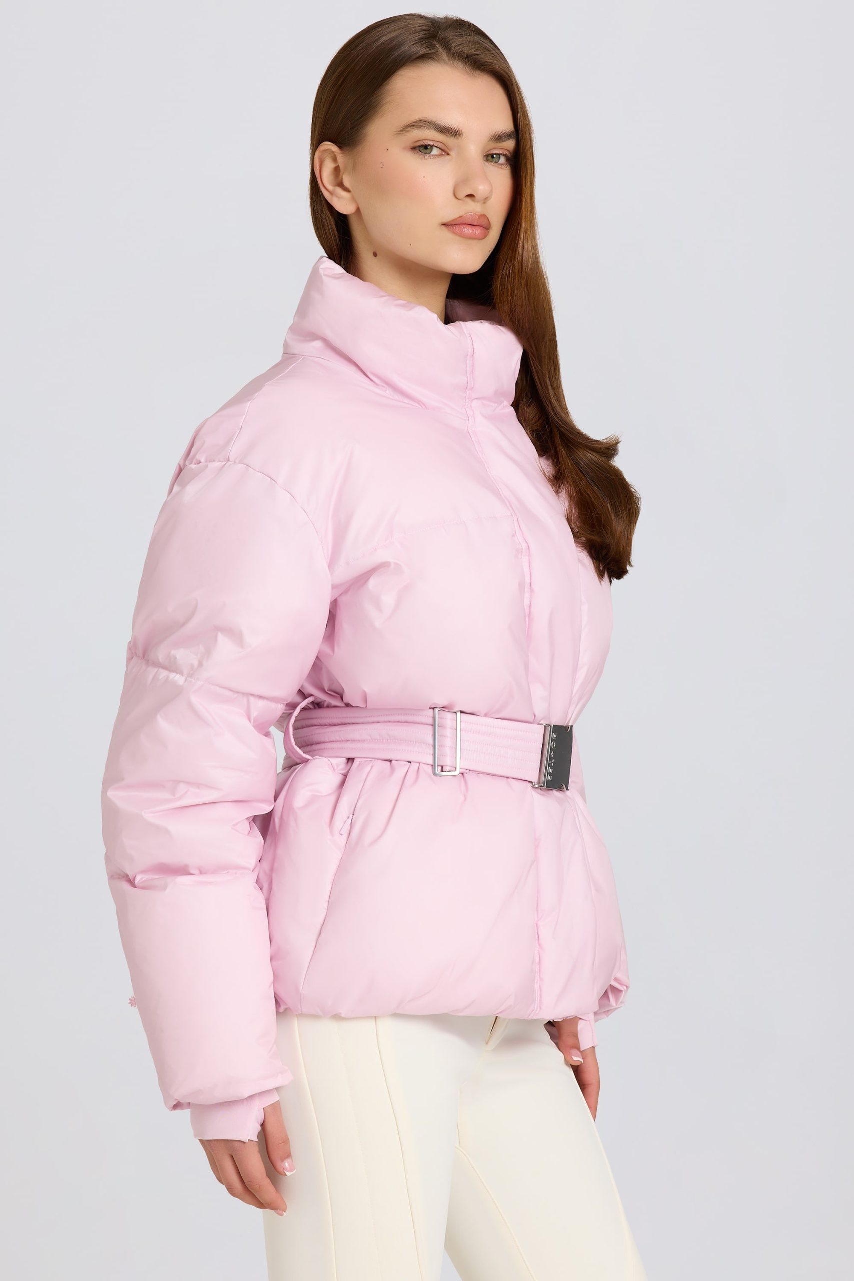 Waterproof Belted Oversized Ski Jacket in Powder Pink - Image 3
