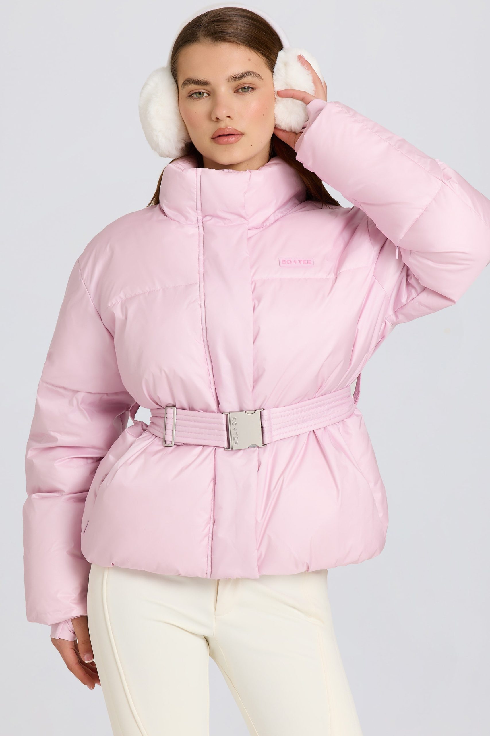 Waterproof Belted Oversized Ski Jacket in Powder Pink - Image 8