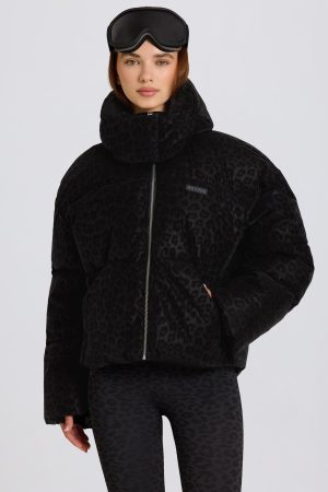 Waterproof Cropped Oversized Ski Jacket in Black Leopard