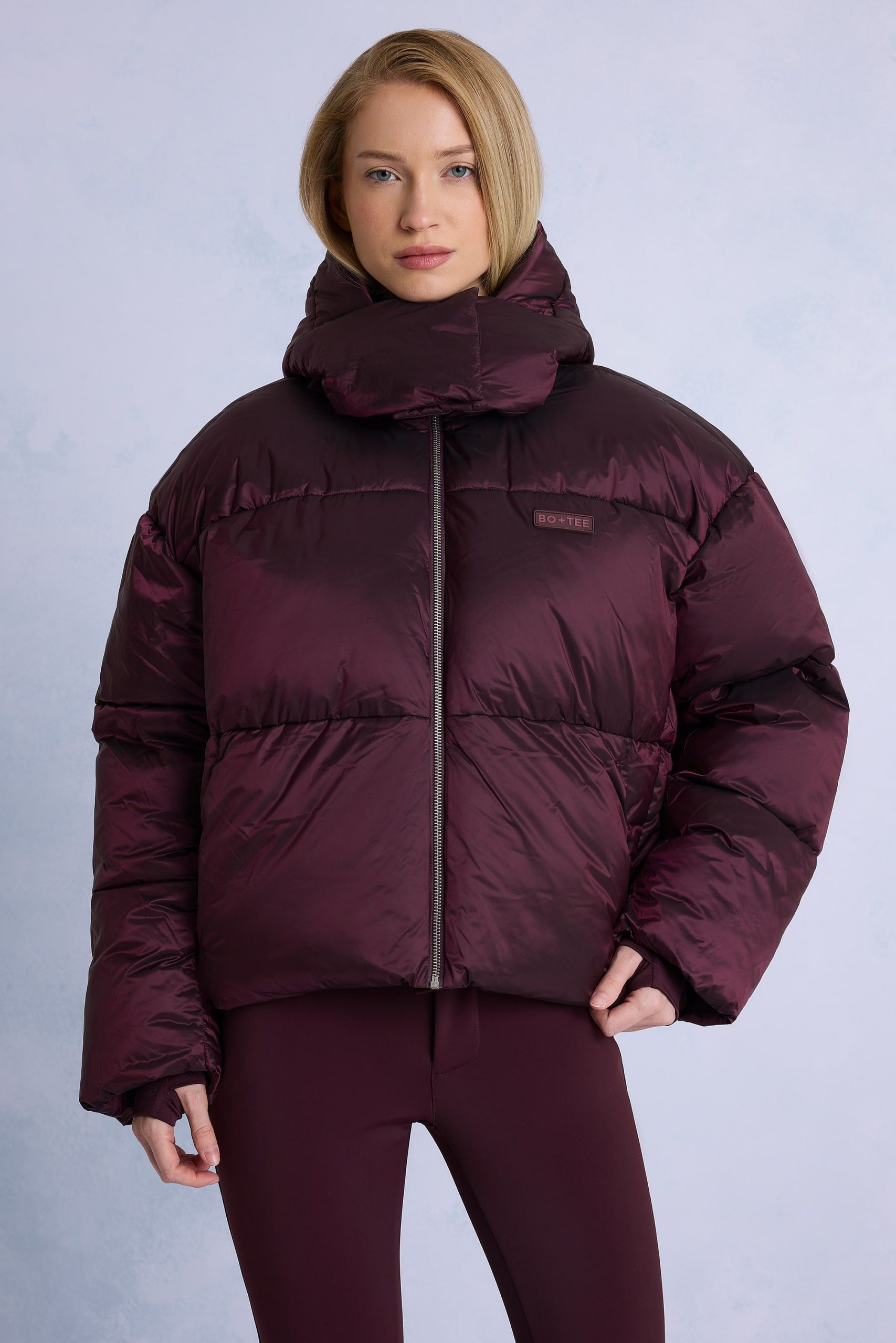 Waterproof Cropped Oversized Ski Jacket in Burgundy - Image 2