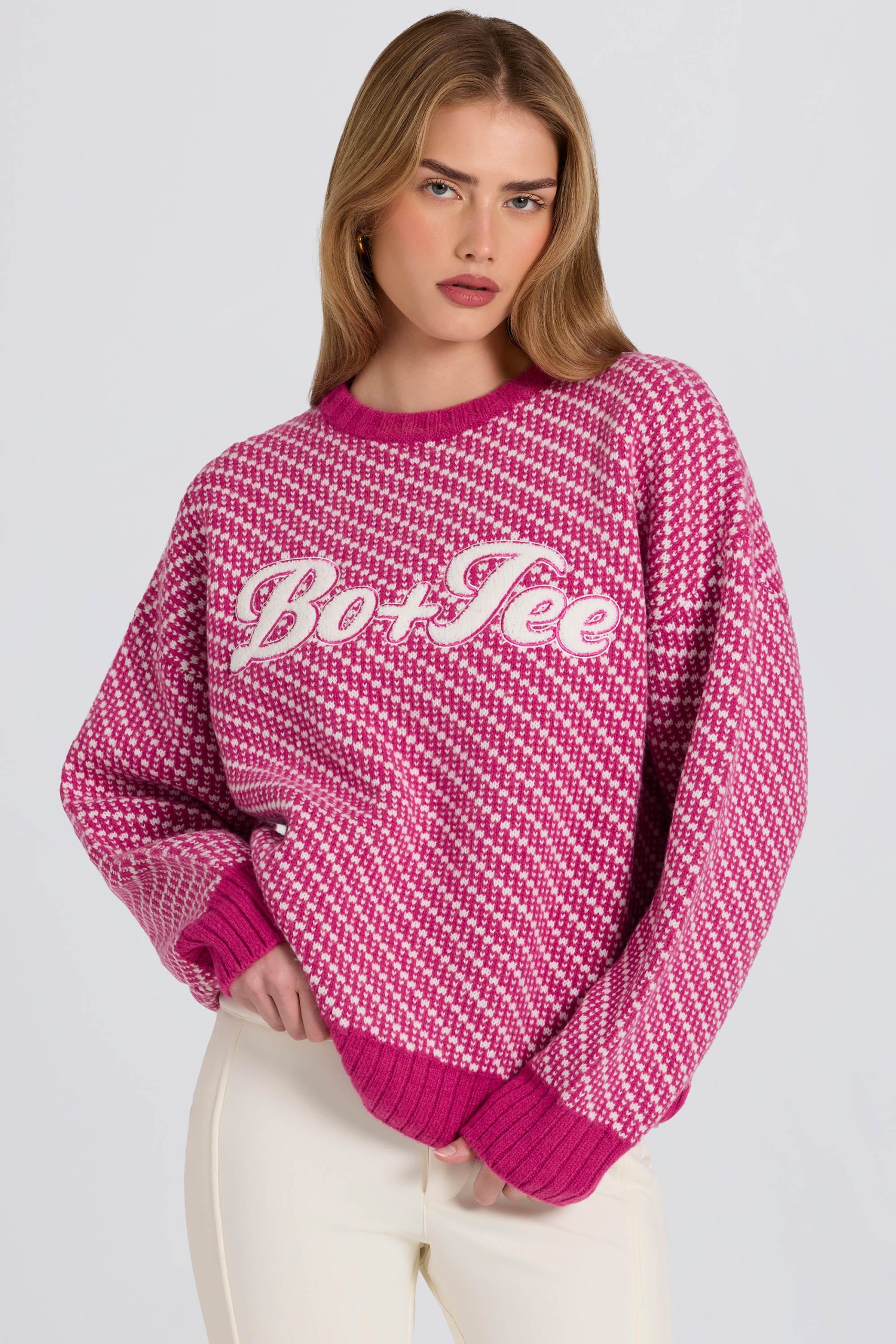 Knit Logo Oversized Jumper in Magenta Pink - Image 6