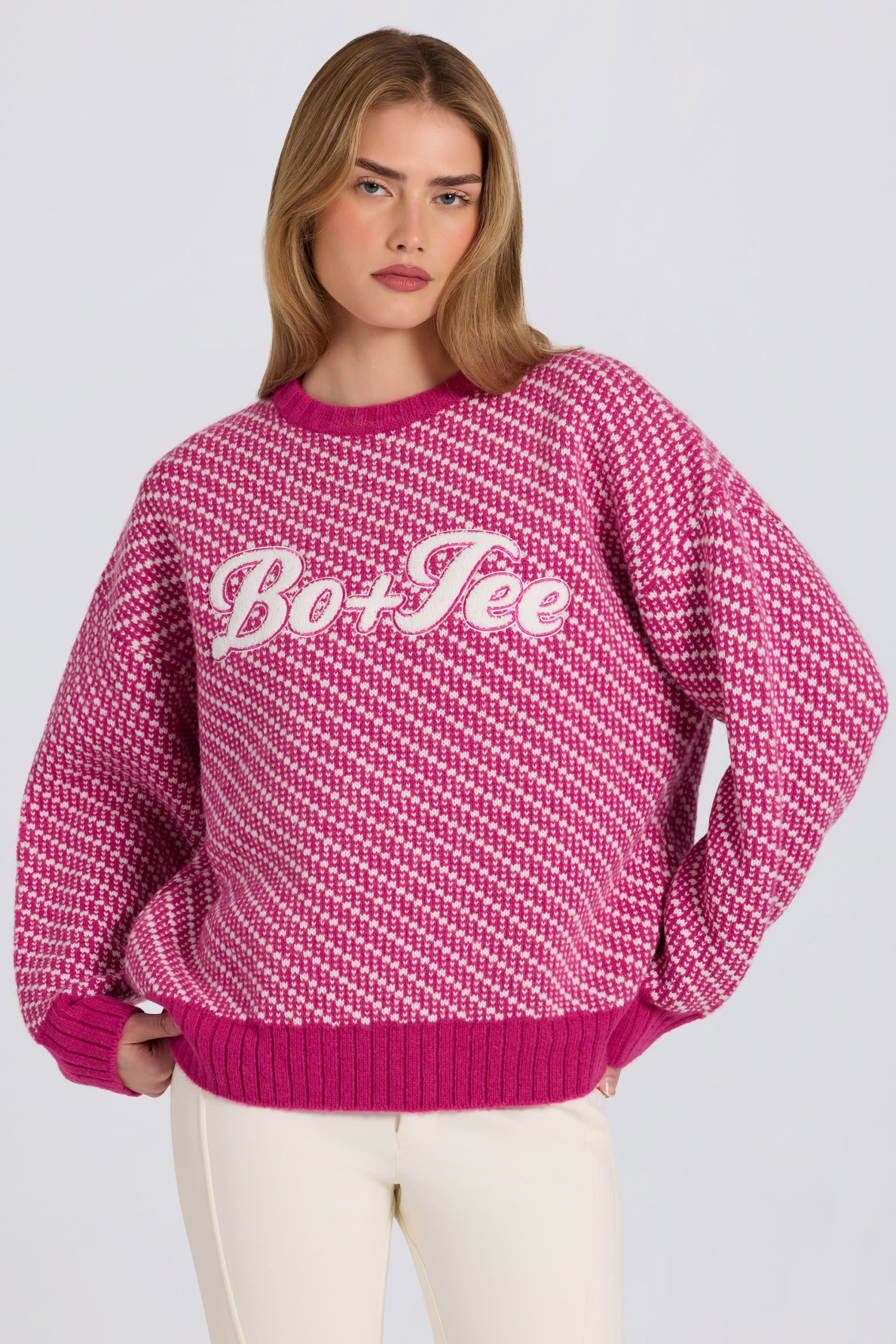 Knit Logo Oversized Jumper in Magenta Pink - Image 7