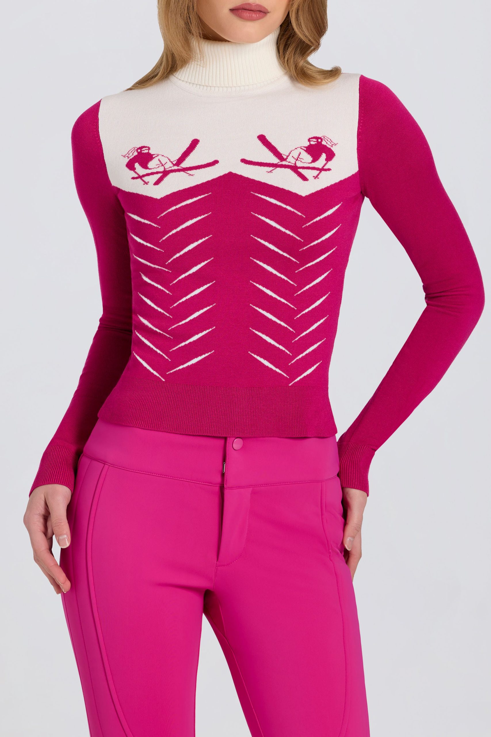 Knit Long-Sleeve Fitted Top in Magenta Pink - Image 2