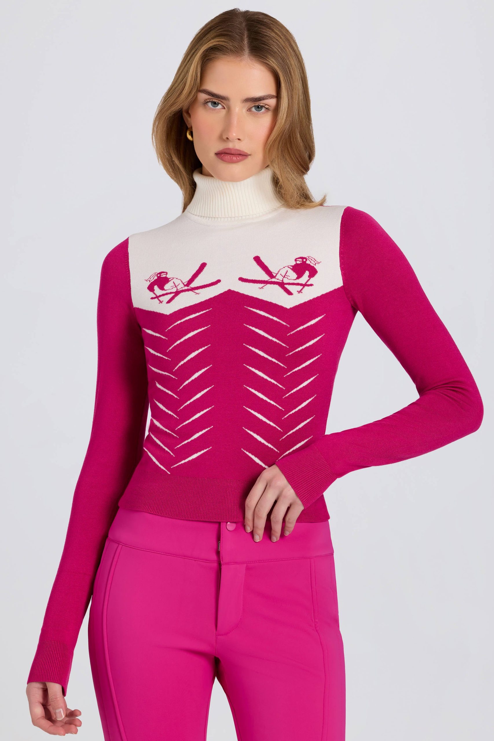 Knit Long-Sleeve Fitted Top in Magenta Pink - Image 7