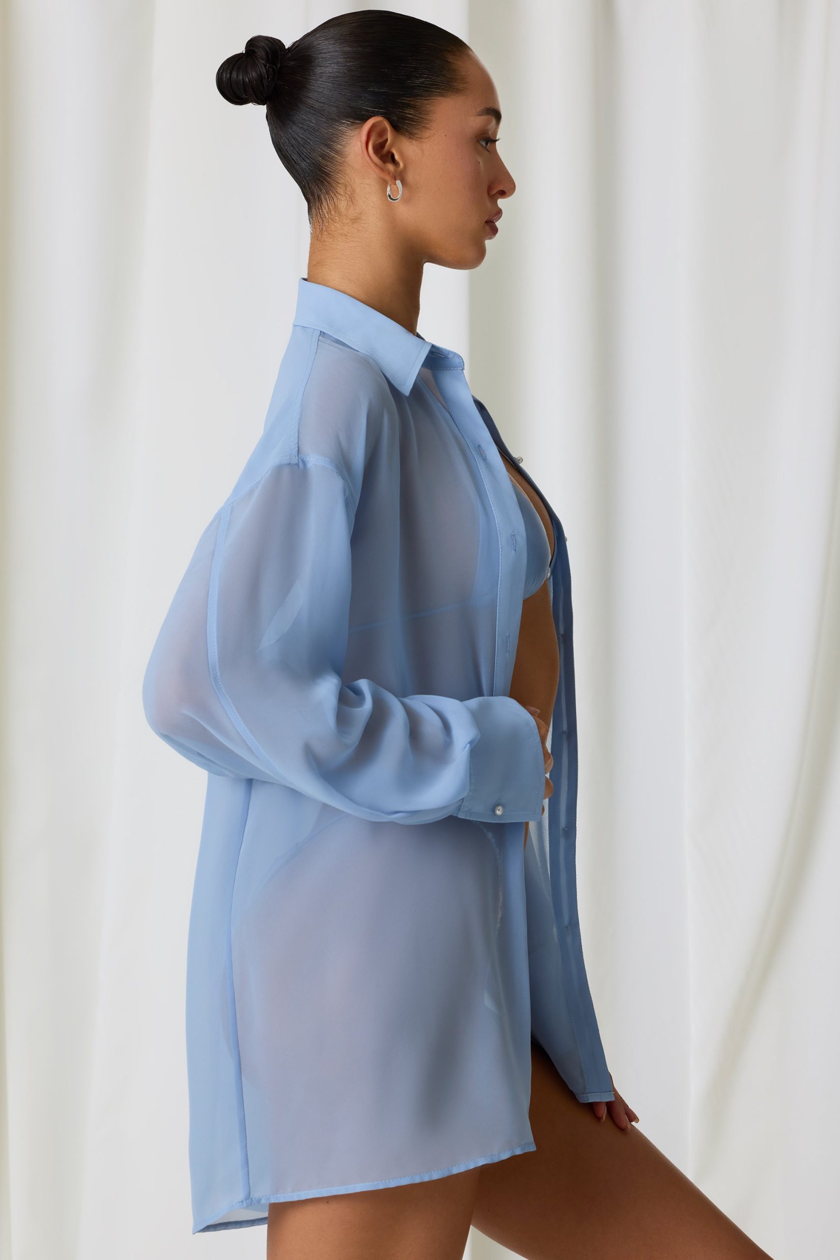 Pearl-Detail Oversized Shirt in Sky Blue - Image 3