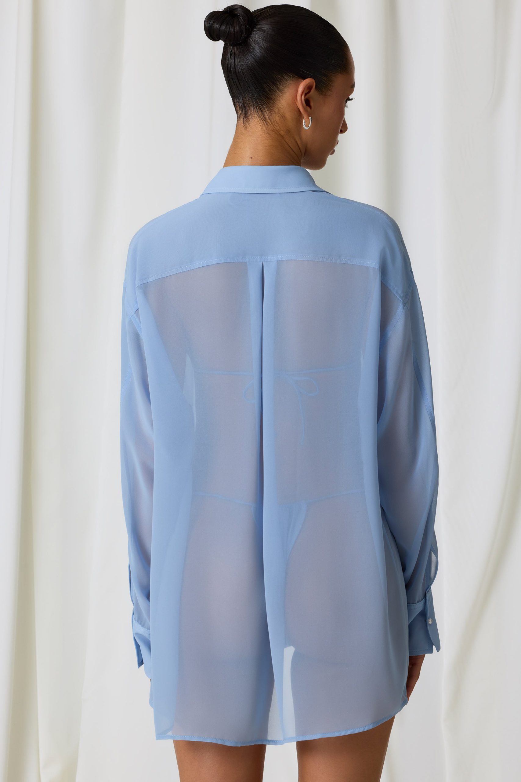 Pearl-Detail Oversized Shirt in Sky Blue - Image 2