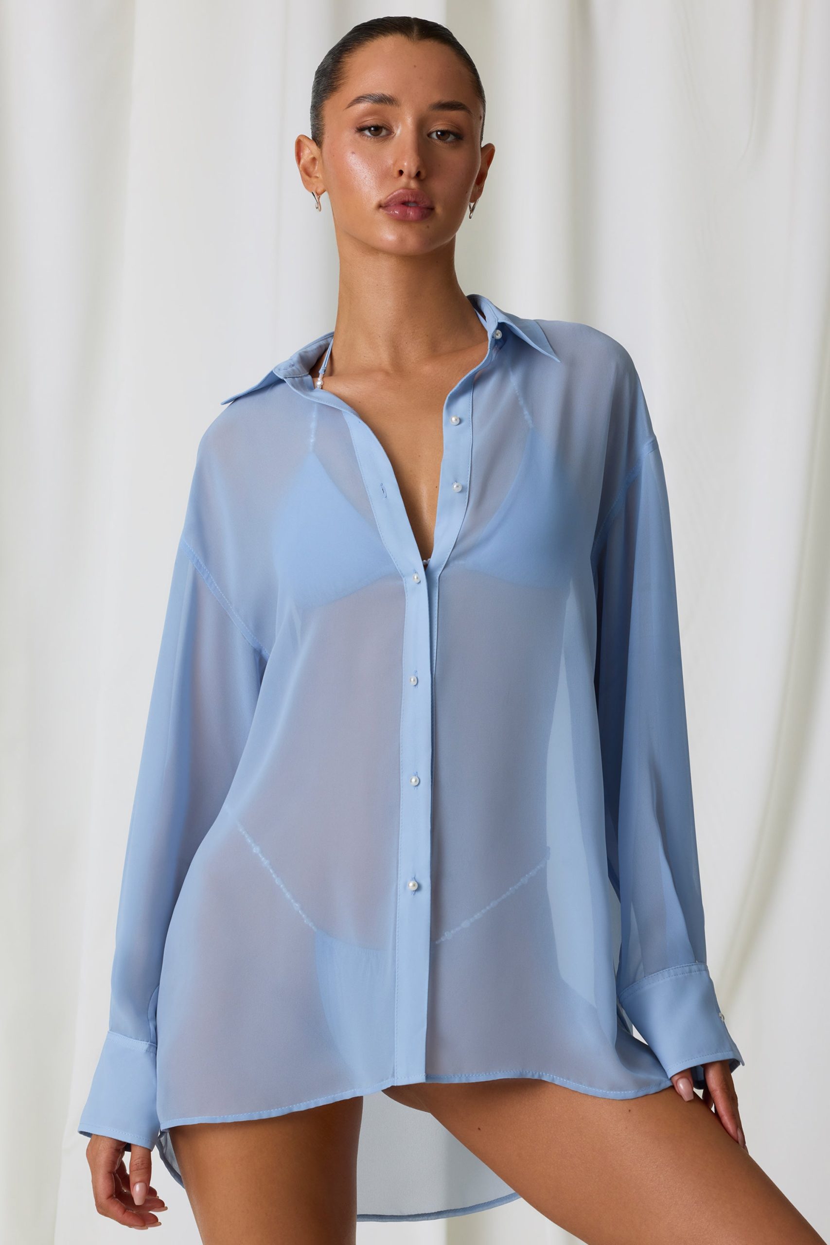 Pearl-Detail Oversized Shirt in Sky Blue - Image 7