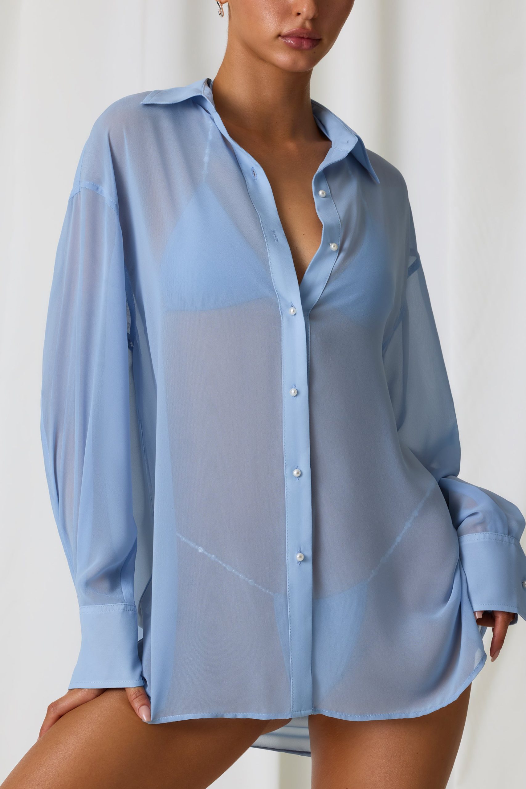 Pearl-Detail Oversized Shirt in Sky Blue - Image 4