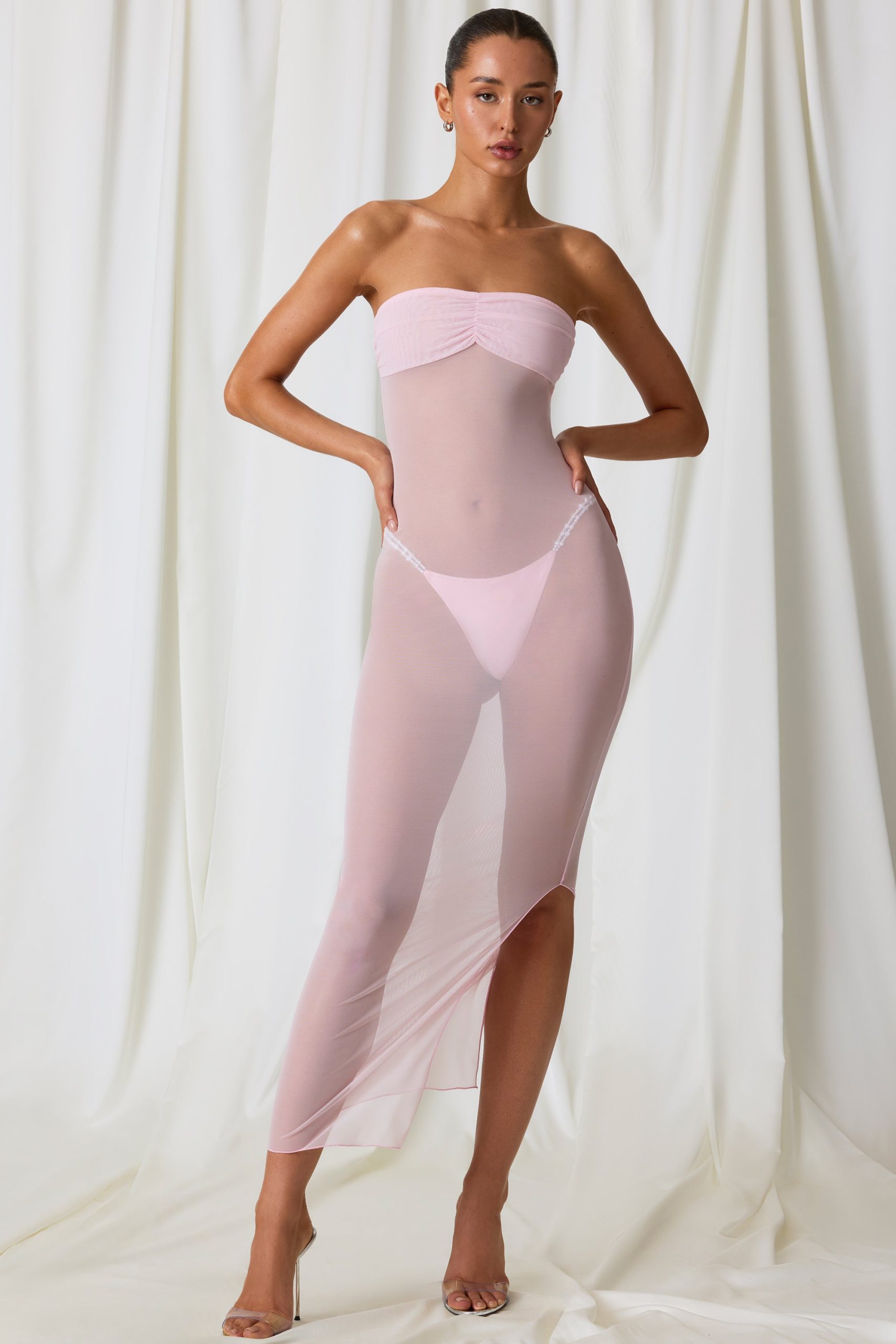 Ruched Bandeau Midi Dress in Soft Pink - Image 5