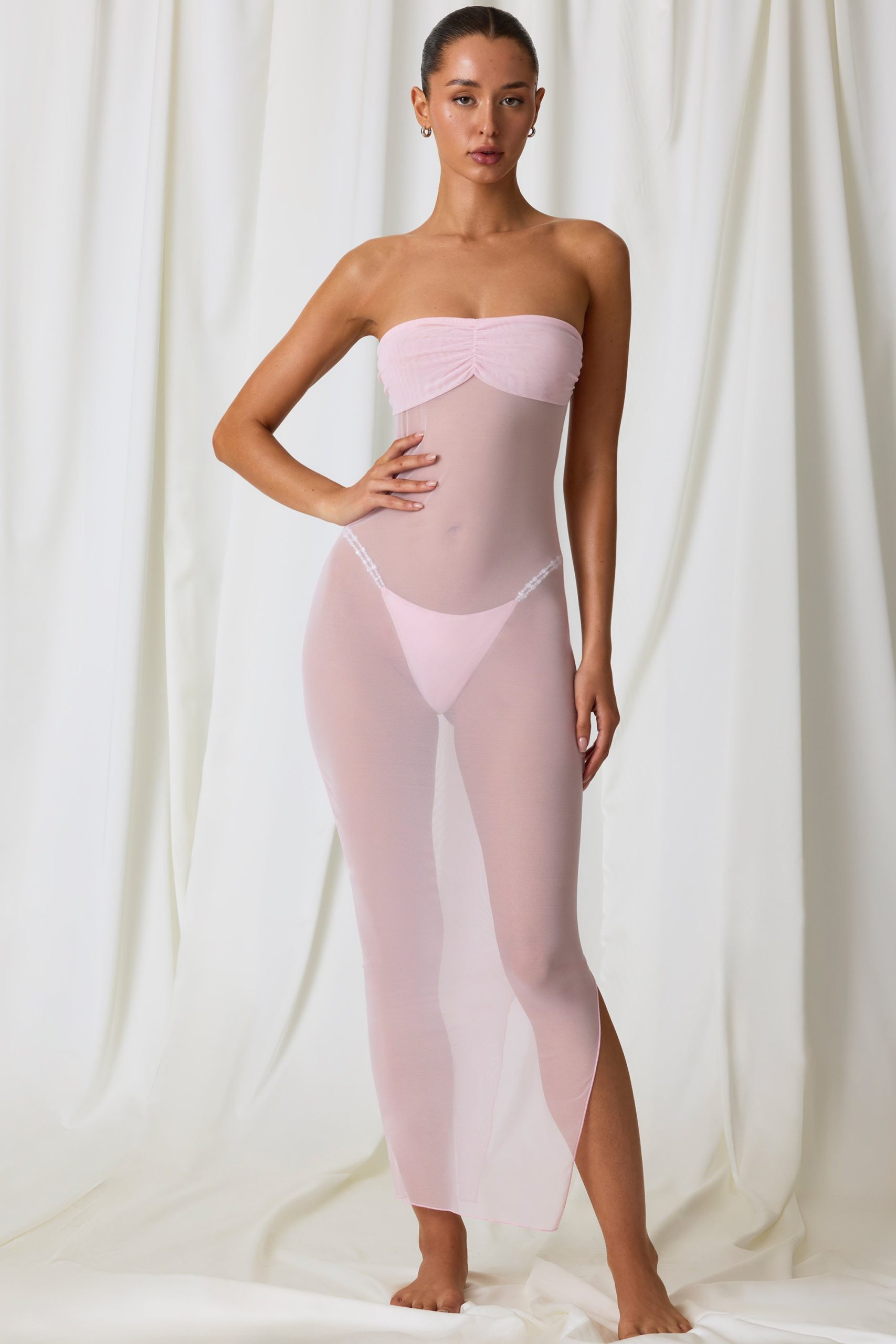 Ruched Bandeau Midi Dress in Soft Pink - Image 6