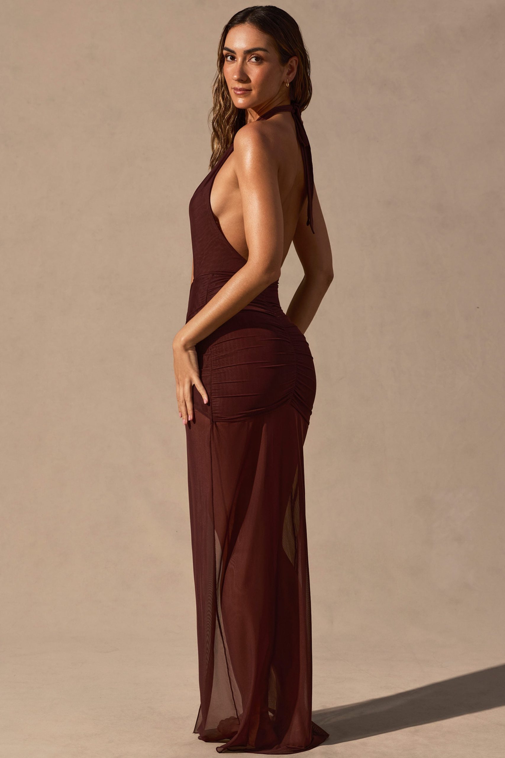 Cut-Out Halterneck Maxi Dress in Espresso Brown - Image 5