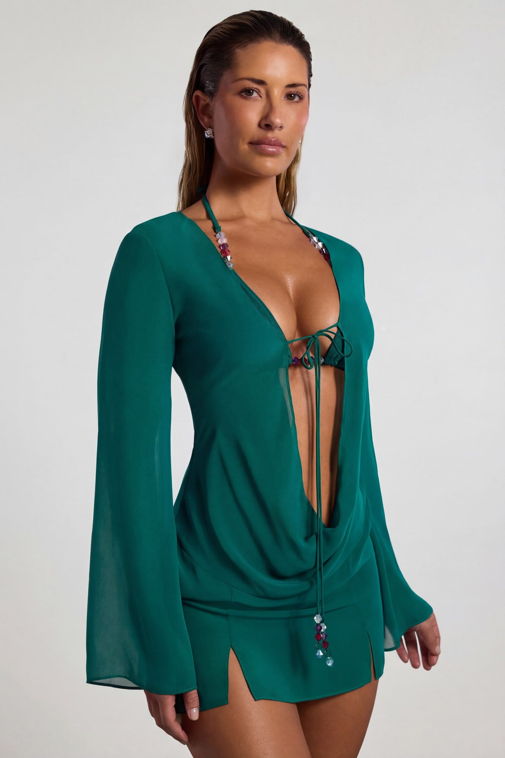 Bead-Embellished Cowl-Neck Sheer Mini Dress in Jade Green - Image 6