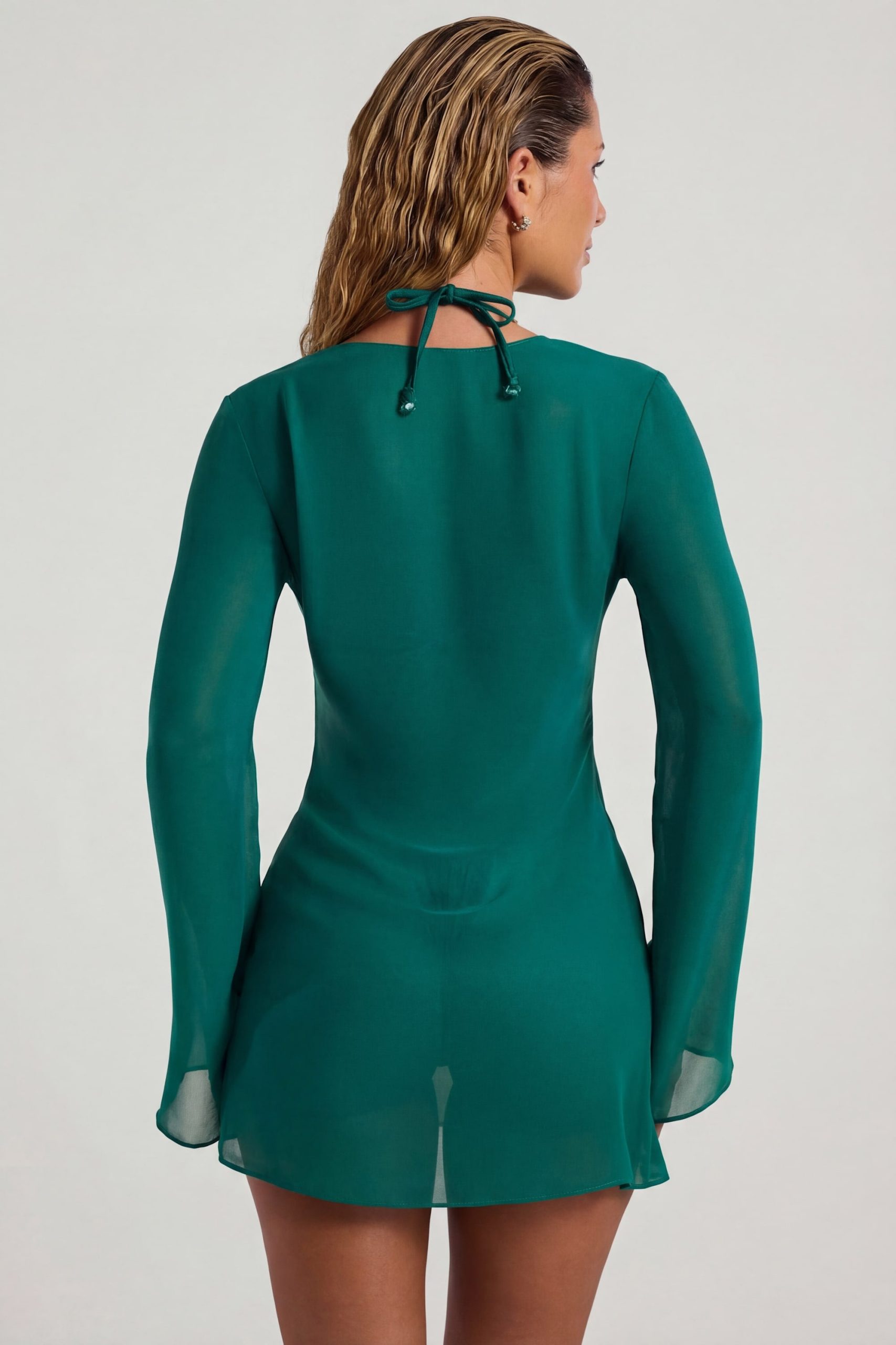 Bead-Embellished Cowl-Neck Sheer Mini Dress in Jade Green - Image 2