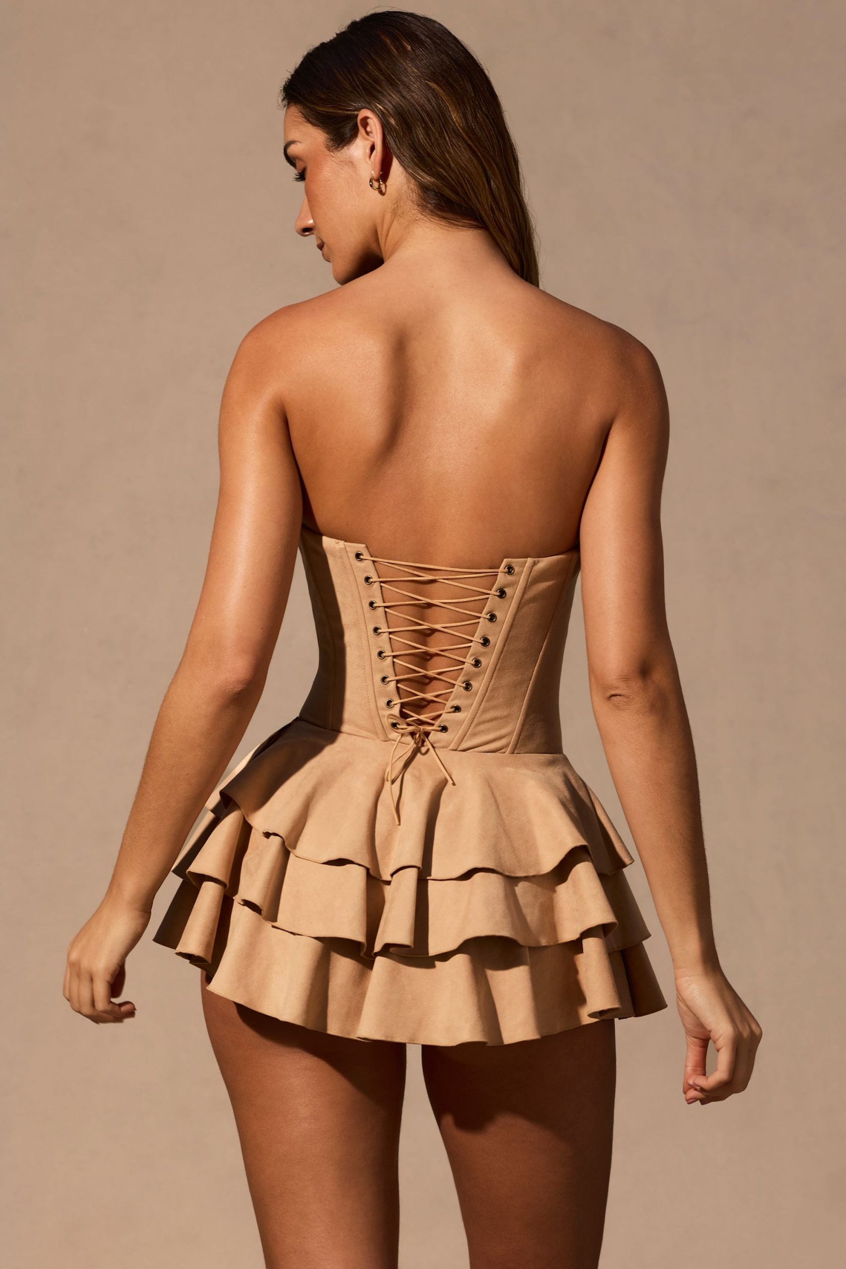 Ruffled Lace-Up Corset Playsuit in Tan - Image 3