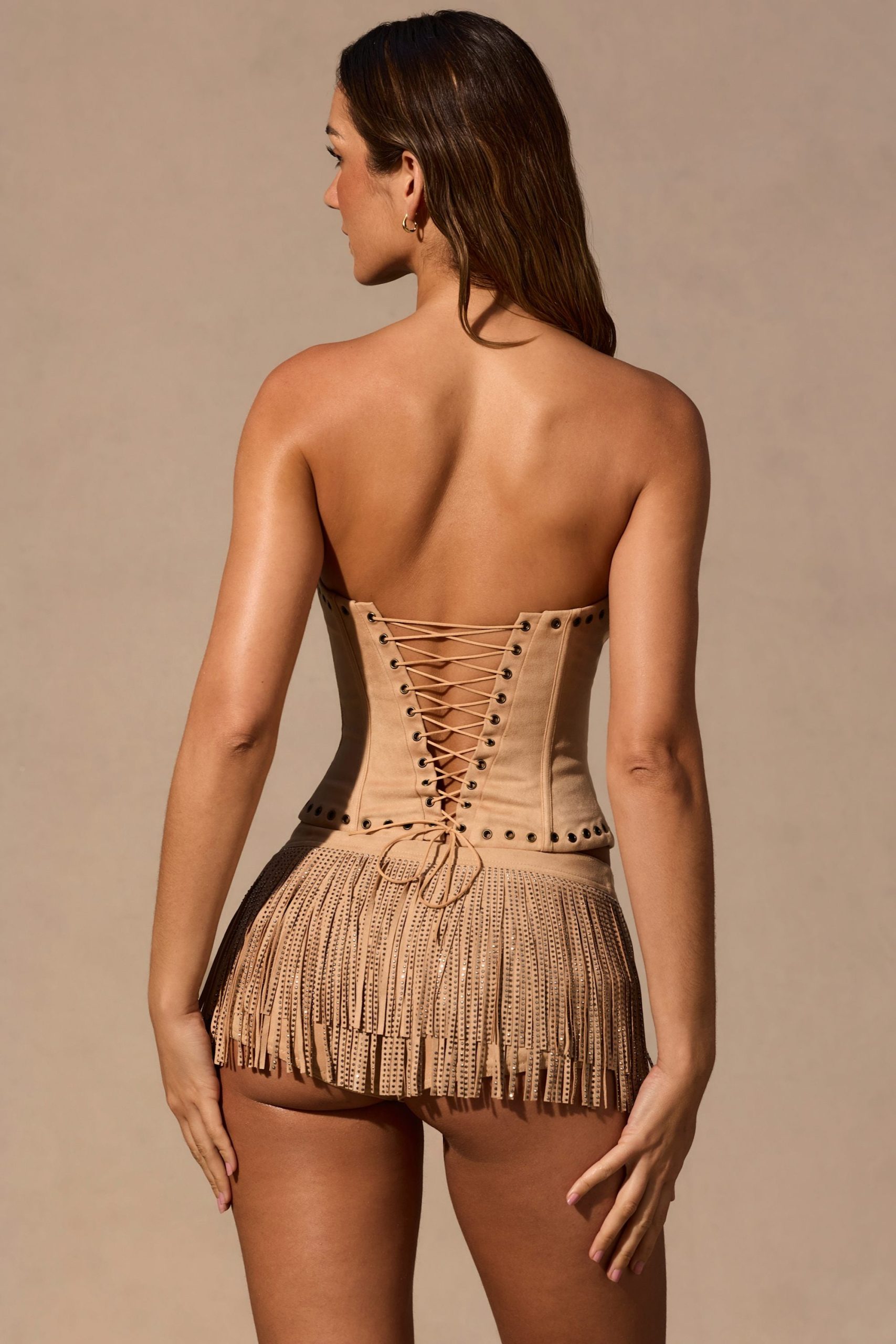 Fringed Low-Rise Mini Shorts in Tan - Image 4