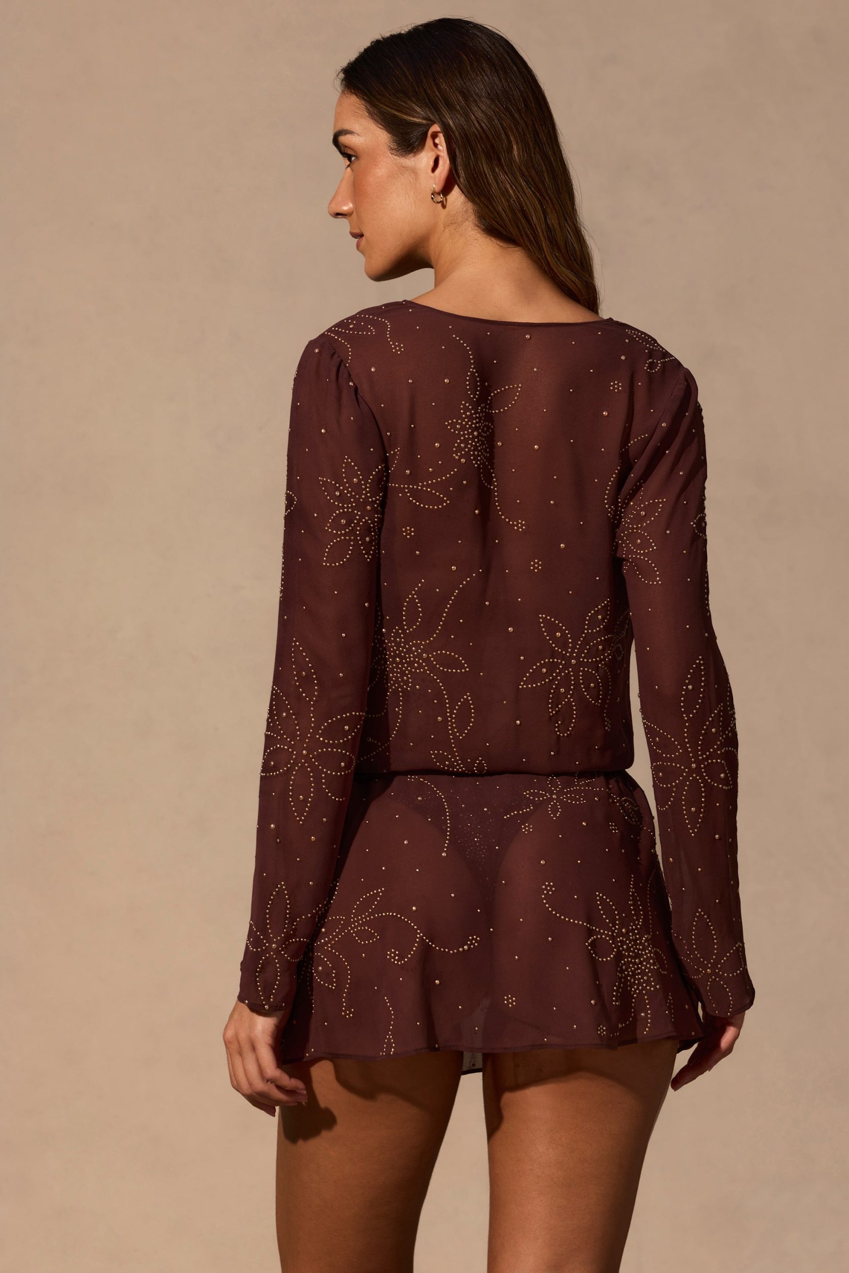 Long-Sleeve Mini Dress in Espresso Brown - Image 5