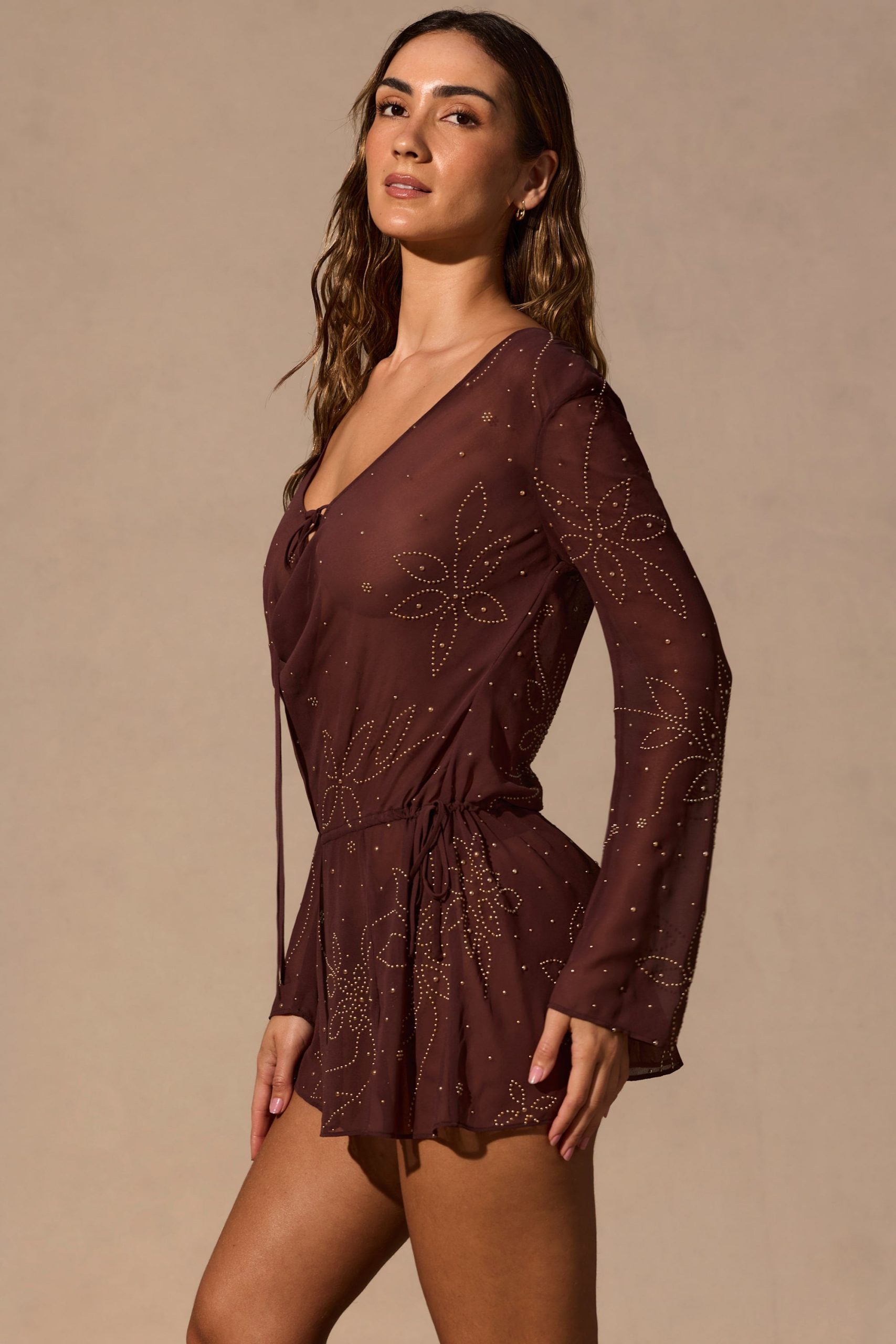 Long-Sleeve Mini Dress in Espresso Brown - Image 4