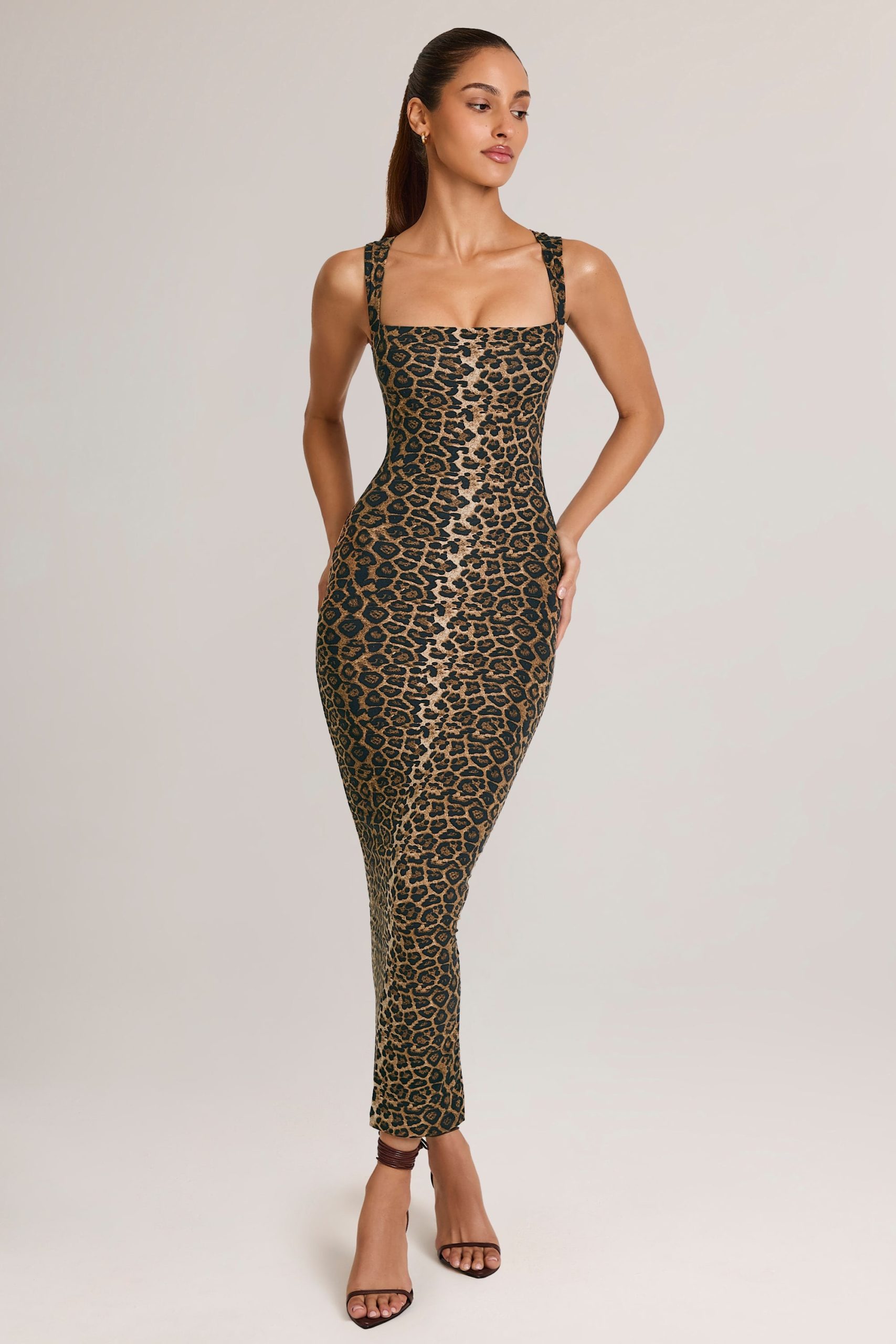 Modal Square-Neck Bodycon Midi Dress in Leopard Print - Image 7