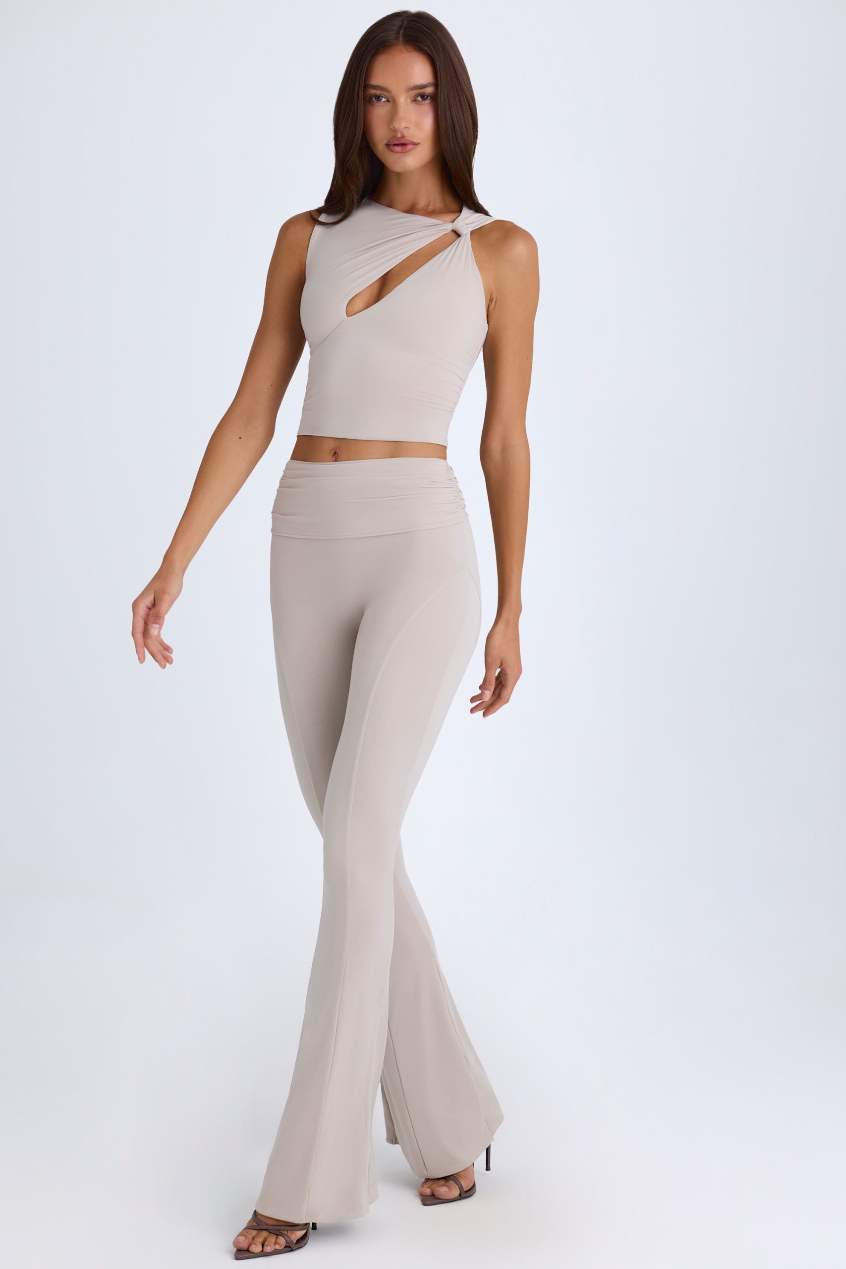 Petite Foldover Flared Trousers in Taupe - Image 7