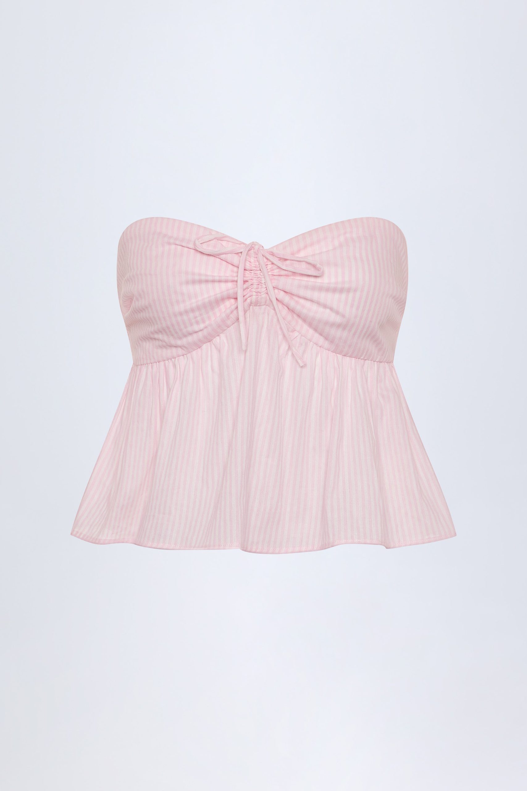 Tie-Front Strapless Cotton-Poplin Crop Top in Pink White Stripe - Image 3