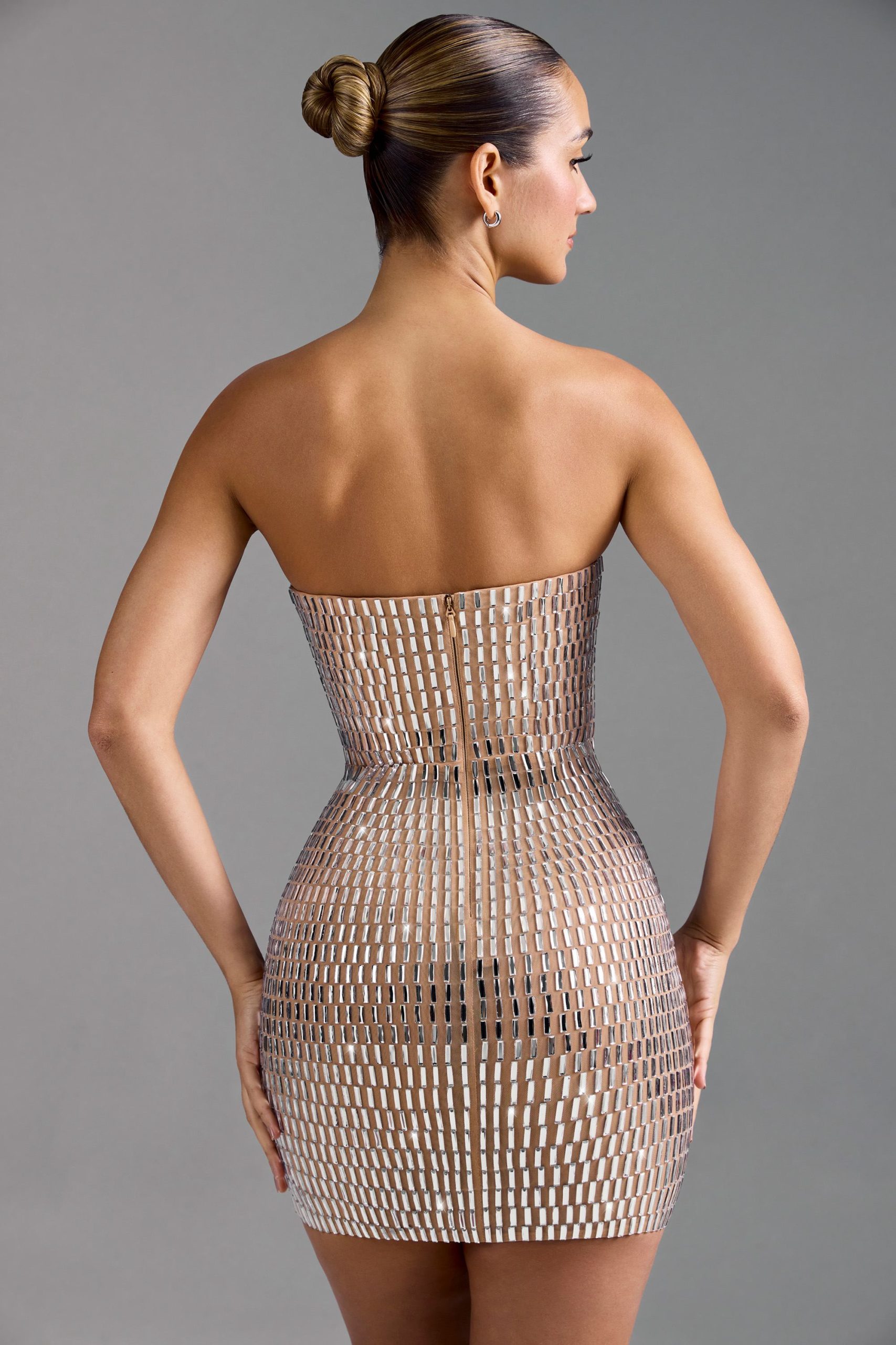 Embellished Bandeau Mini Dress in Almond - Image 2