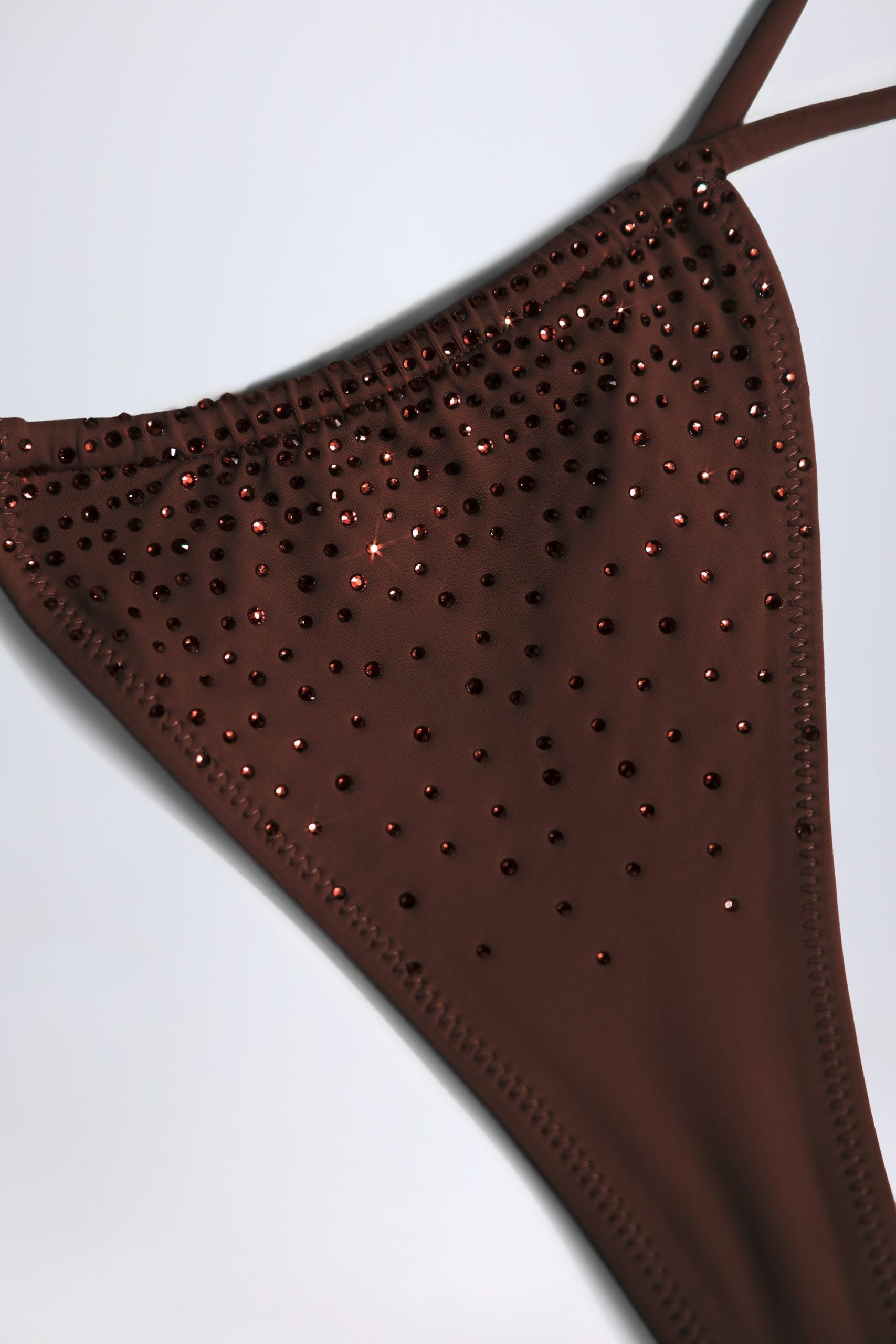 Embellished Drawstring Thong Bikini Bottoms in Chocolate Brown - Image 3