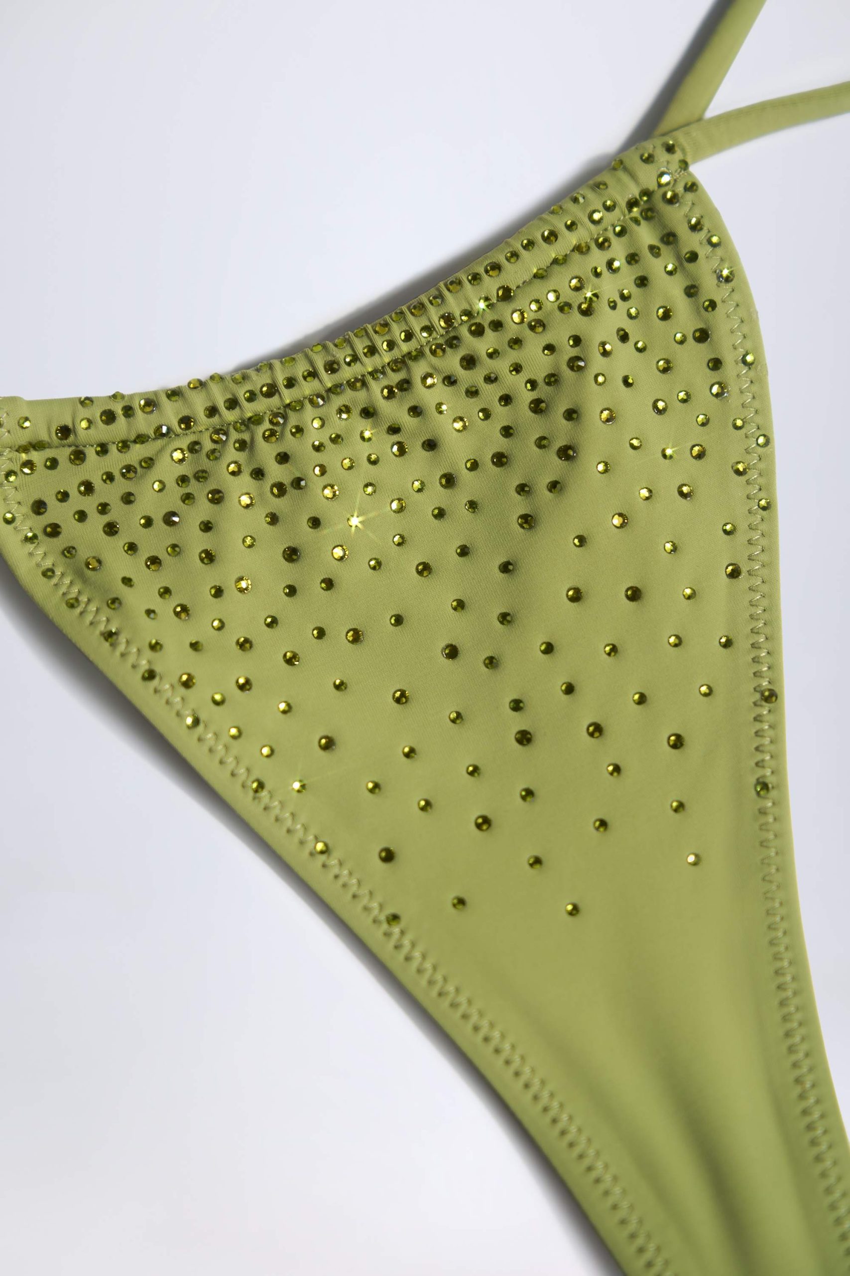 Embellished Drawstring Thong Bikini Bottoms in Olive Green - Image 5