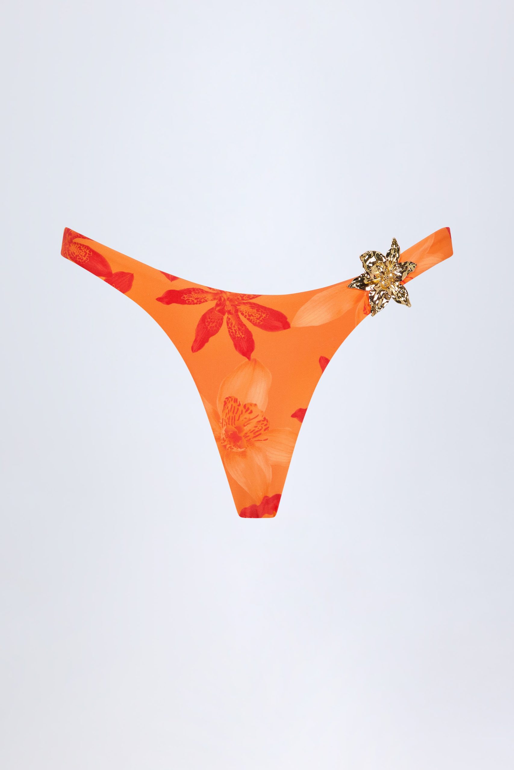 Hardware-Detail Cheeky Bikini Bottoms in Orange Orchid Print - Image 3