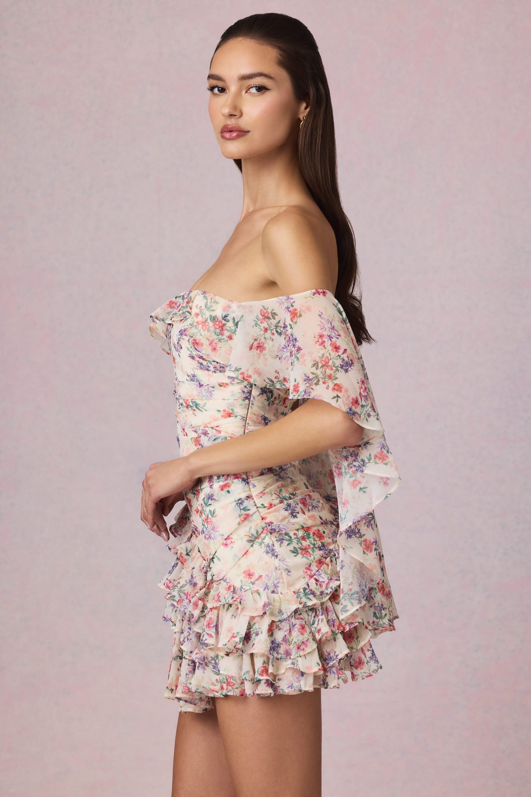 Off-Shoulder Ruffled Mini Dress in Primrose Floral Print - Image 3