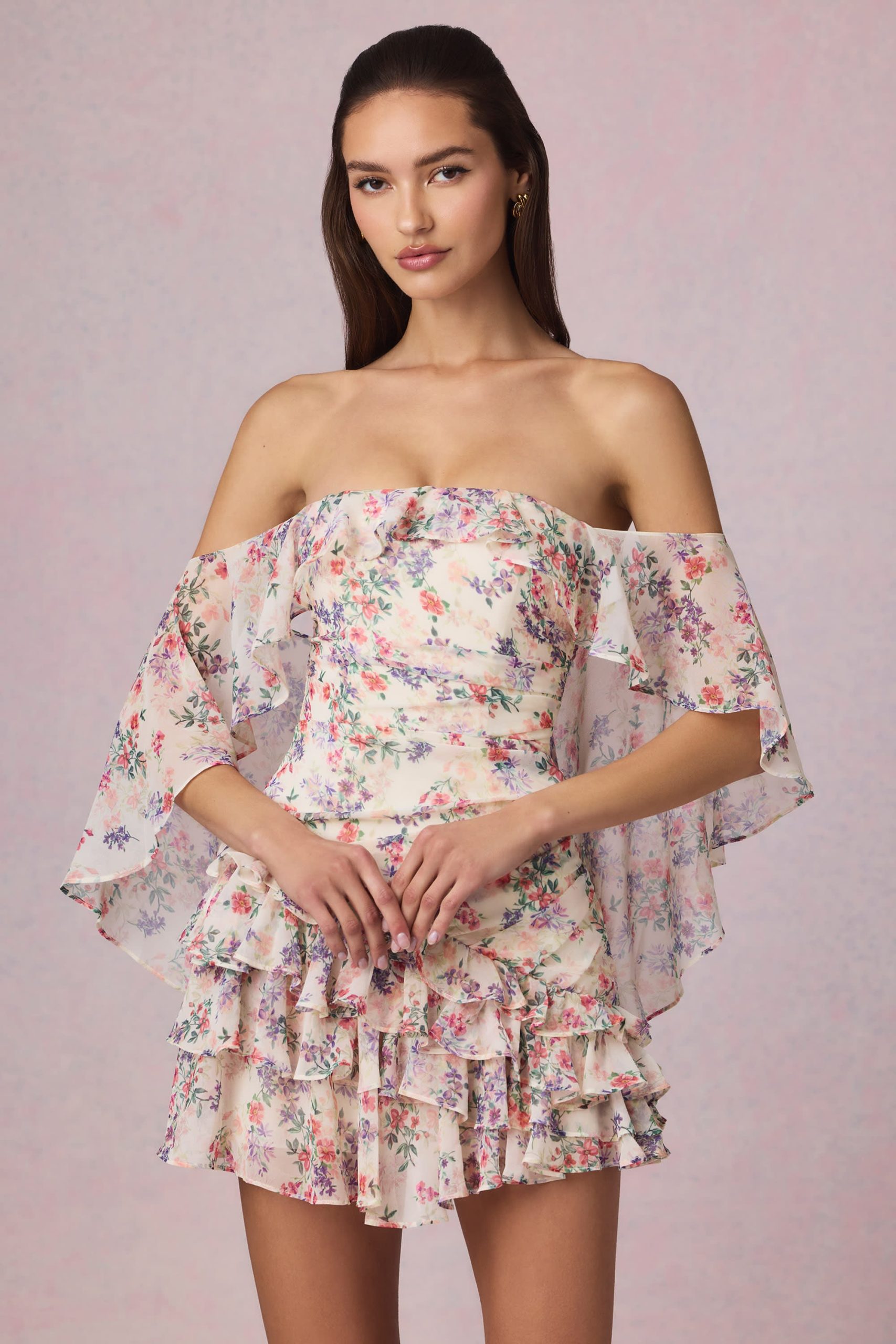 Off-Shoulder Ruffled Mini Dress in Primrose Floral Print - Image 6
