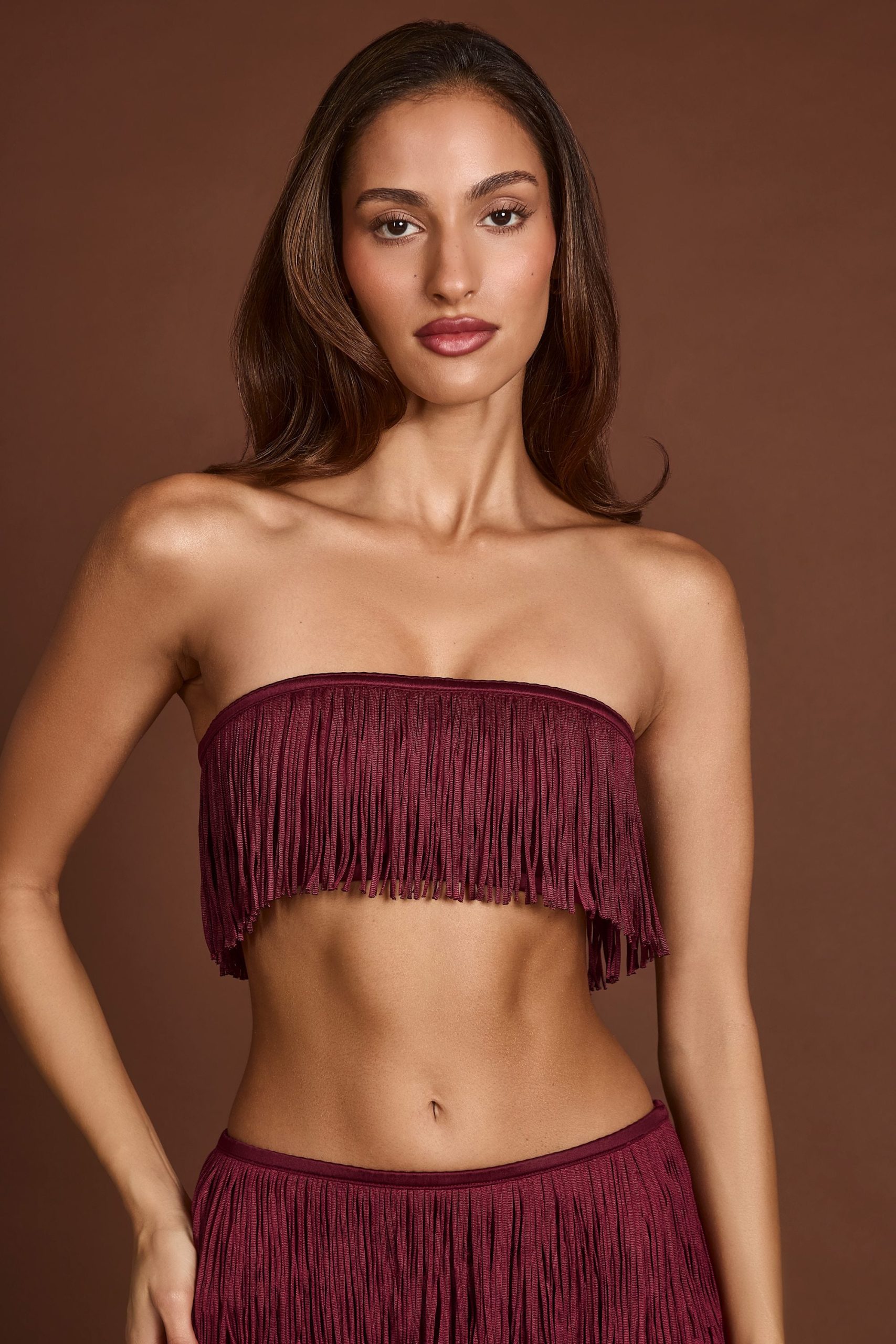 Fringed Bandeau Lace-up Crop Top in Wine Red - Image 4