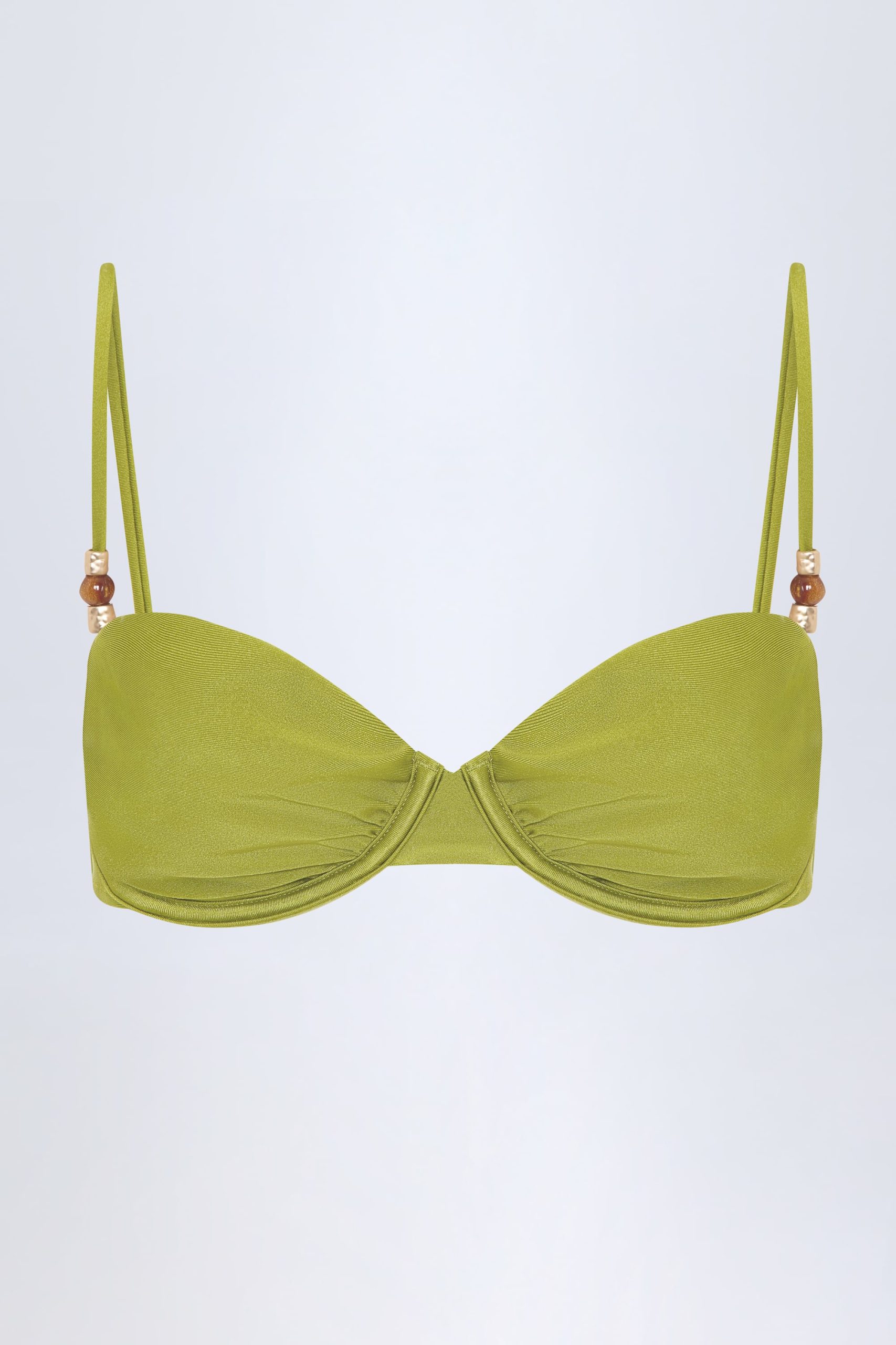 Bead-Embellished Ruched Underwired Bikini Top in Olive Green - Image 3