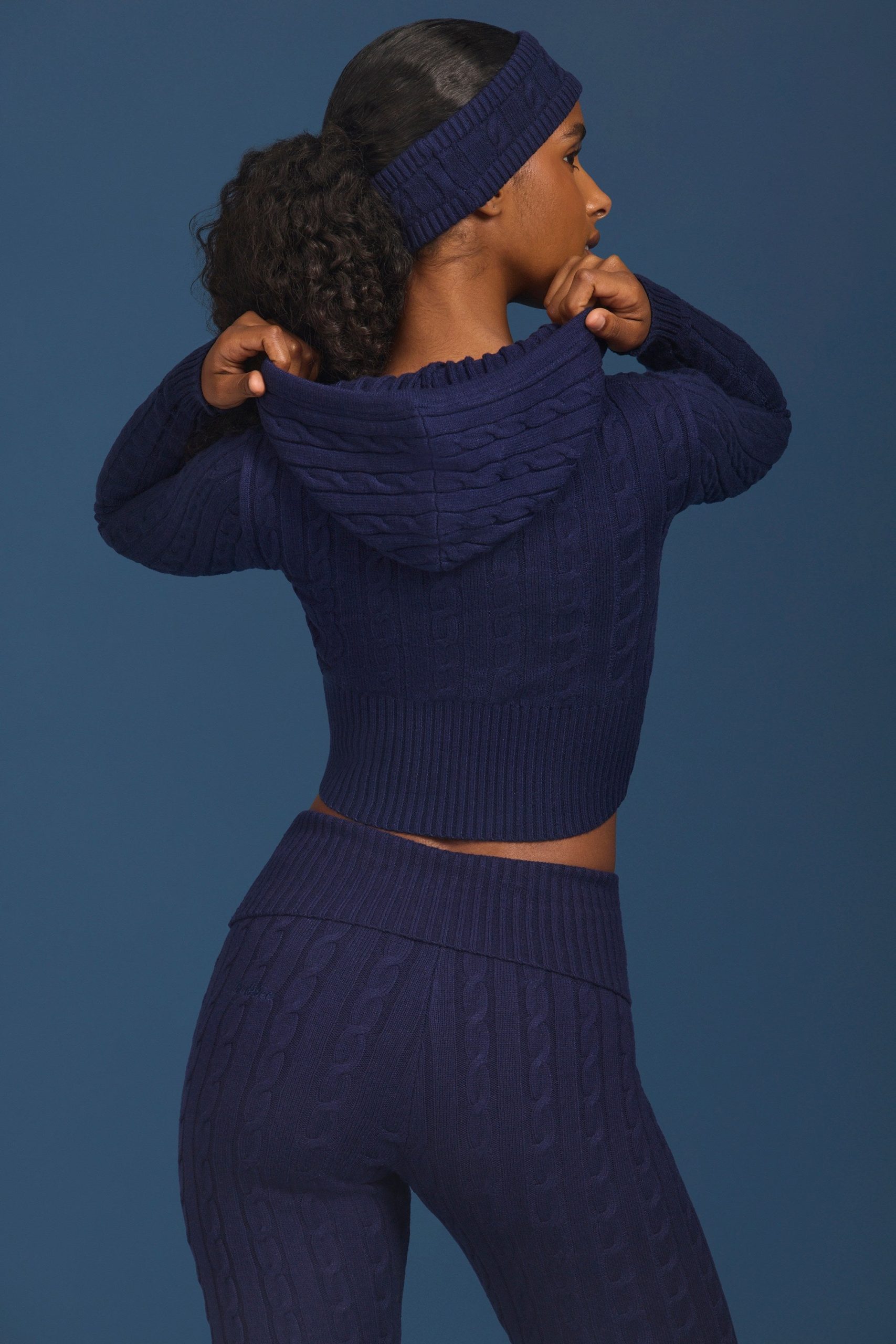 Cable Knit Zip-Up Hoodie in Navy - Image 2