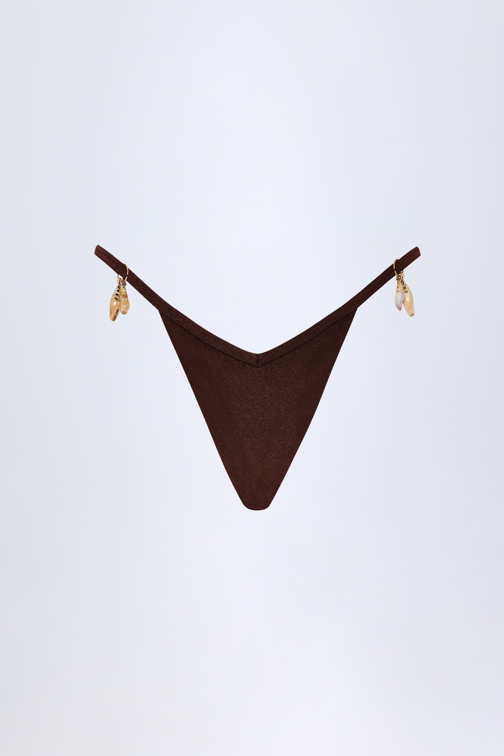 Charm-Detail Thong Bikini Bottoms in Dark Chocolate - Image 3