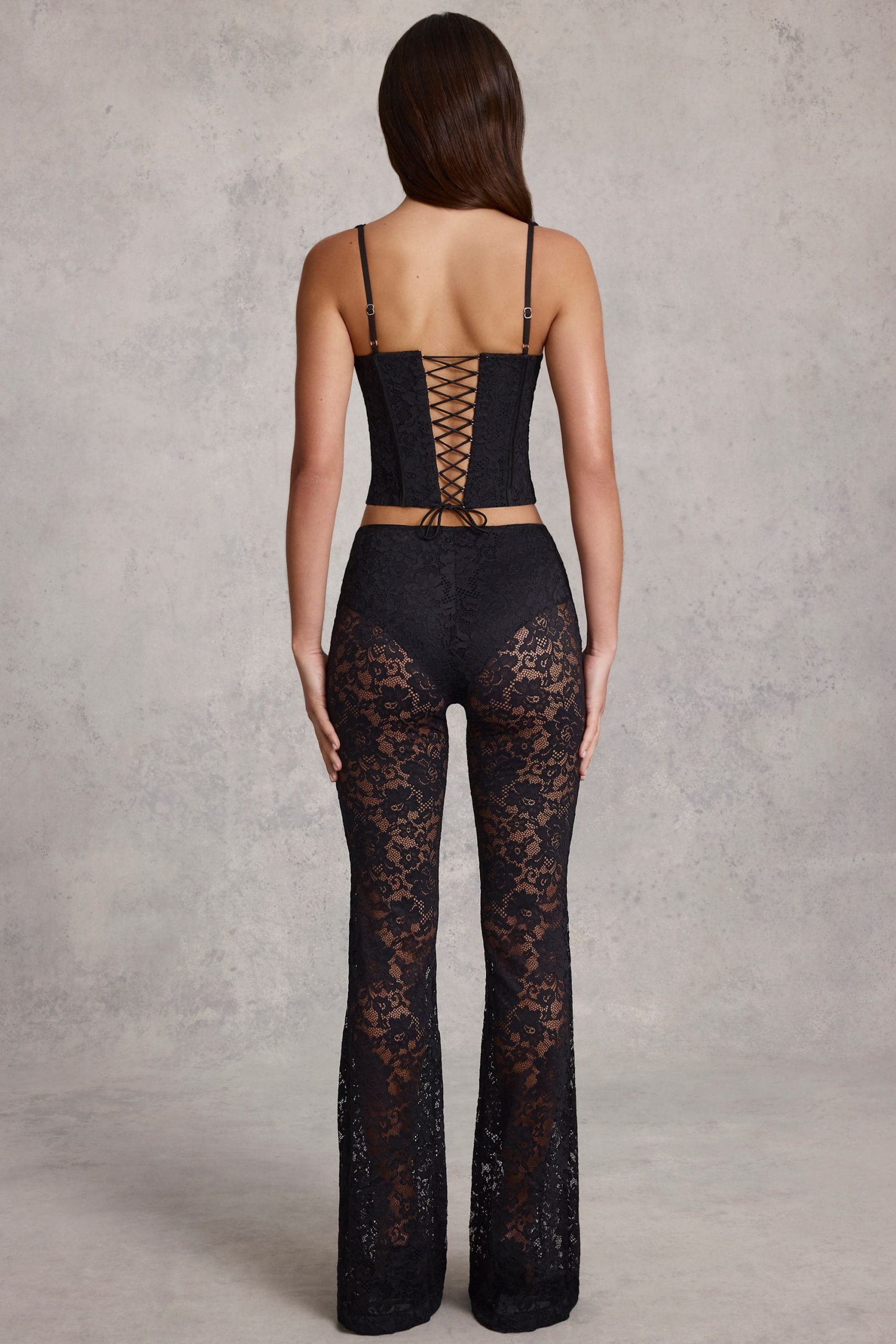 Sheer Lace Mid-Rise Flared Trousers in Black - Image 2