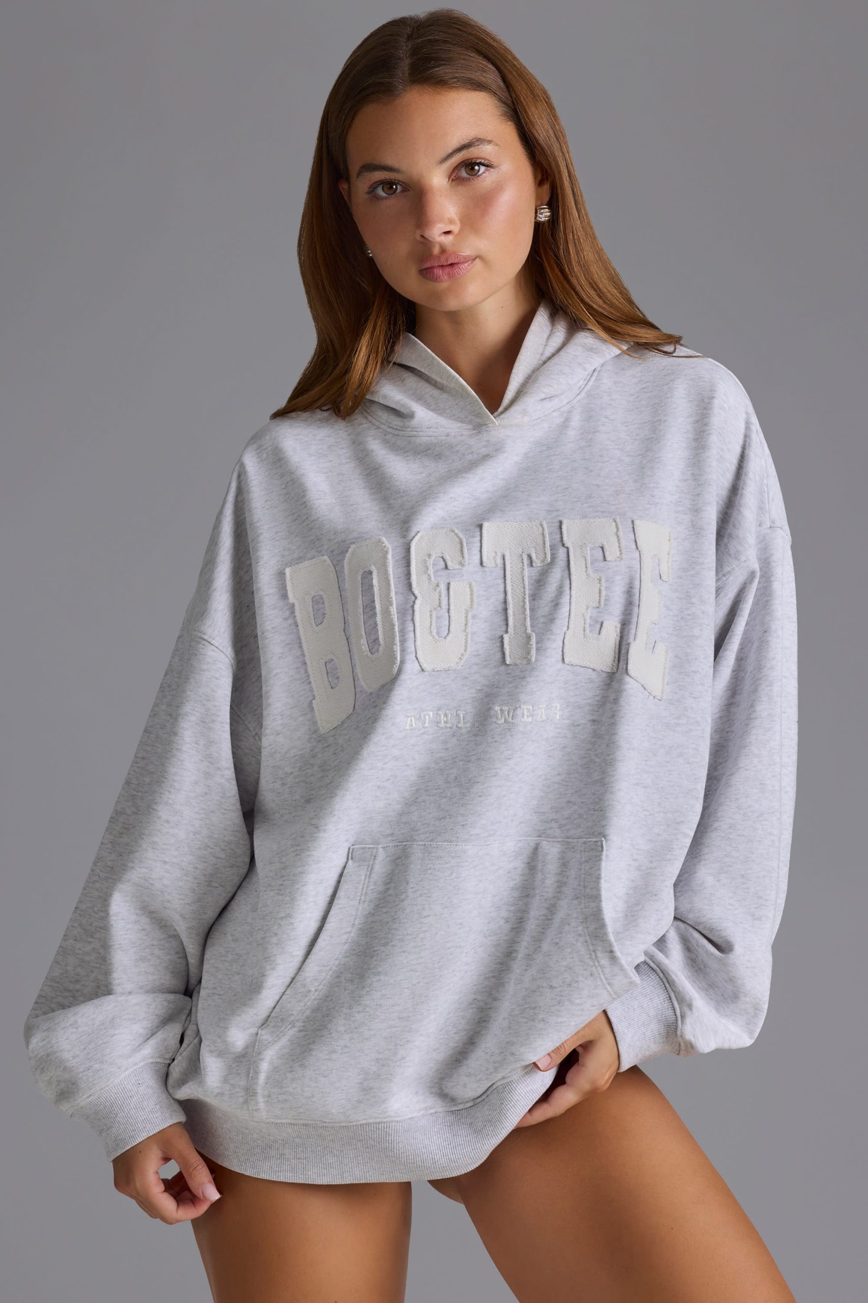 Cotton Fleece Appliqu?? Oversized Hoodie in Grey Marl - Image 6