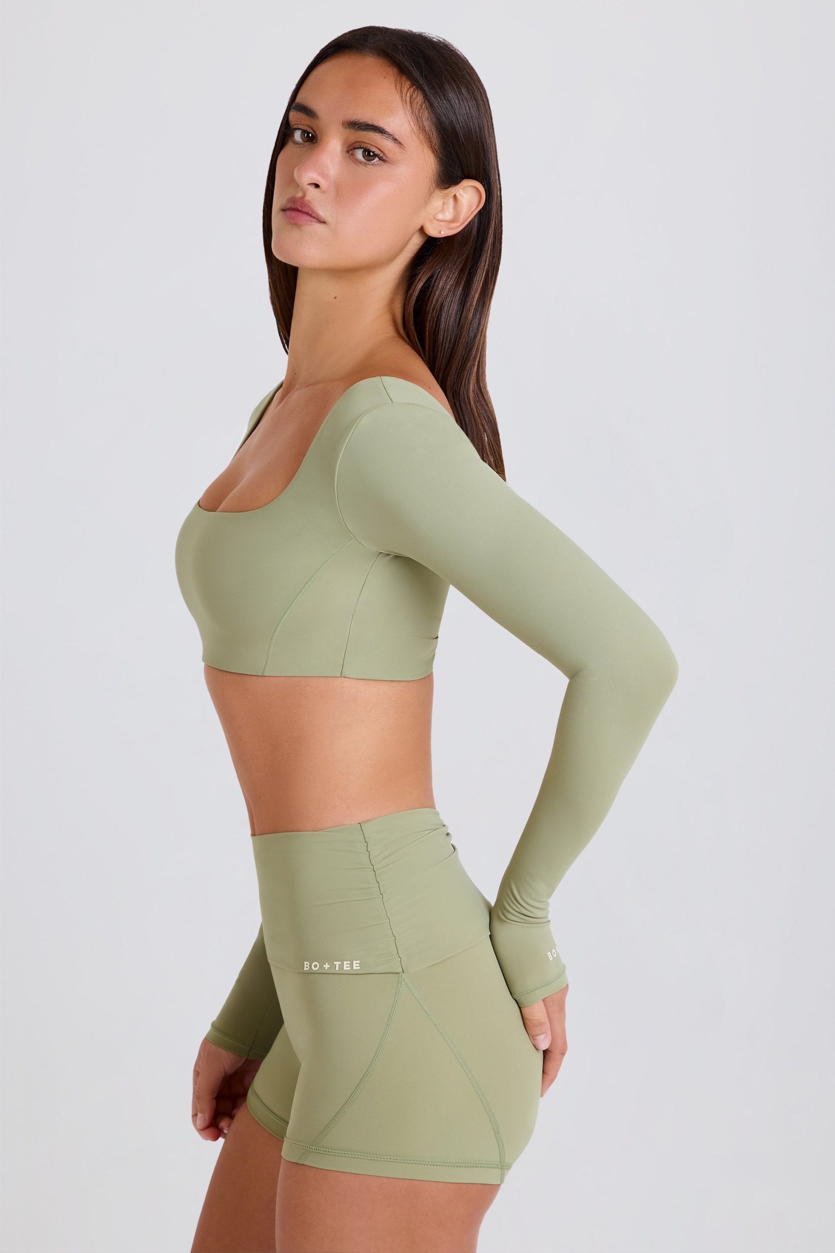 Four-Way Stretch Foldover Mid-Rise Mini Shorts in Matcha - Image 3