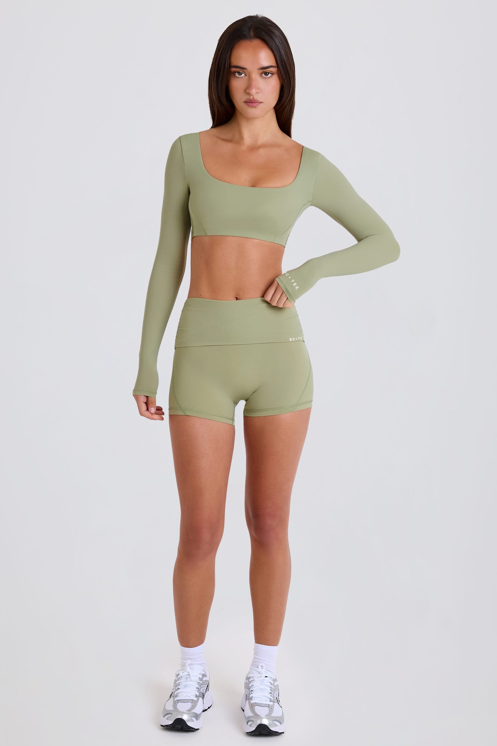 Four-Way Stretch Foldover Mid-Rise Mini Shorts in Matcha - Image 5