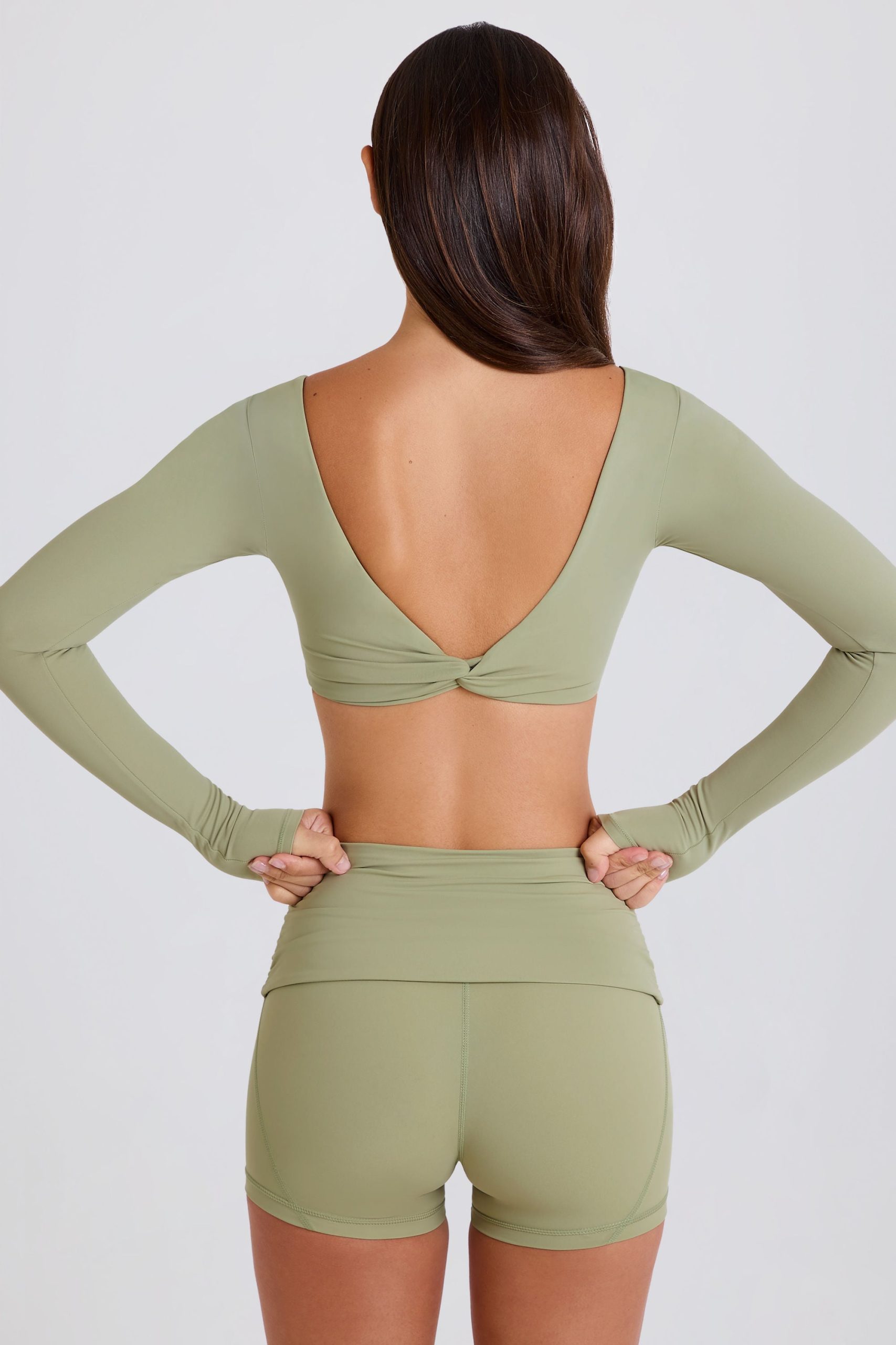 Four-Way Stretch Foldover Mid-Rise Mini Shorts in Matcha - Image 6