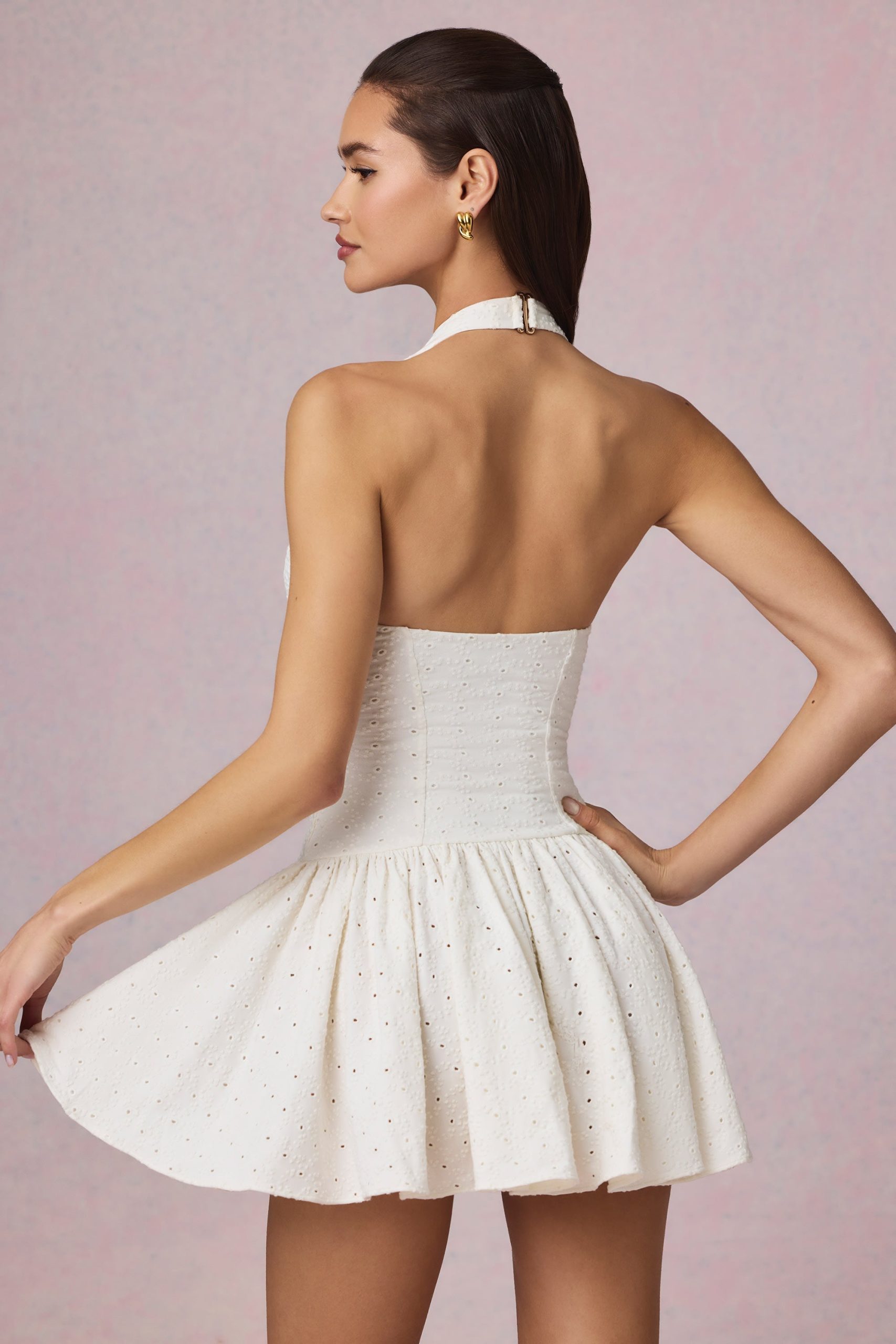 Modal Broderie Anglaise Halterneck Mini Dress in White - Image 2