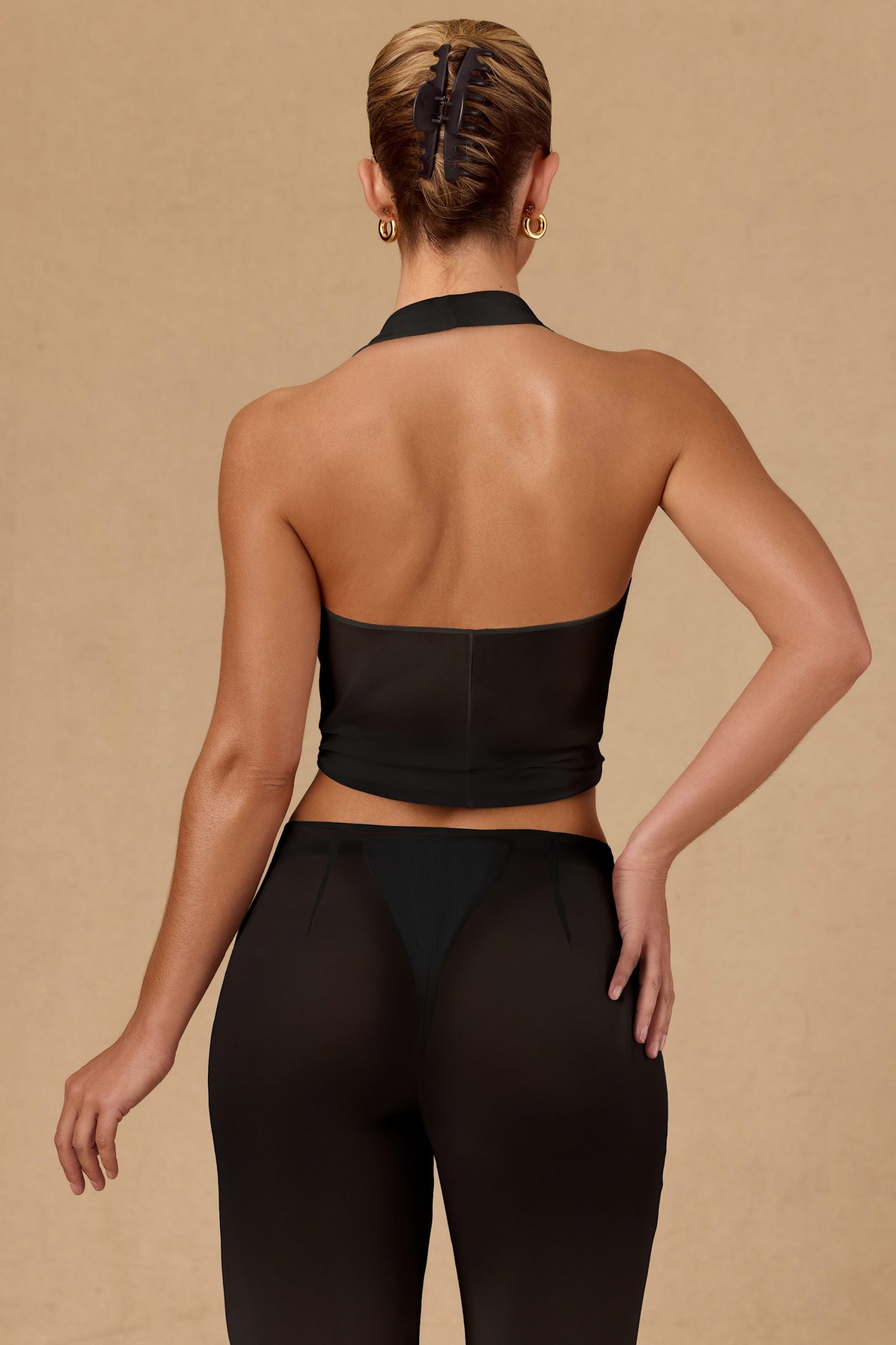 Tie-Front Halterneck Crop Top in Black - Image 2