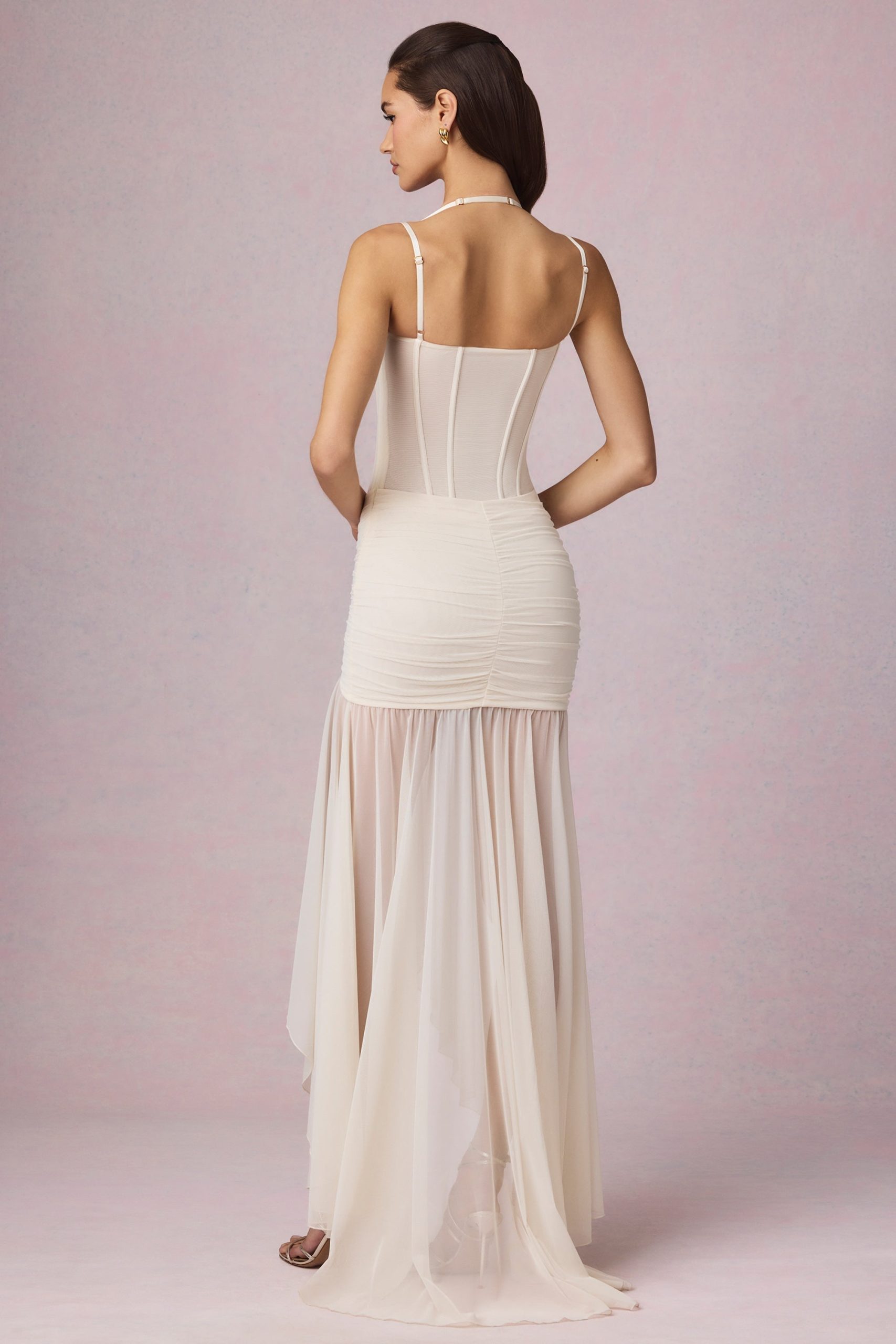 Ruched Asymmetric Corset Gown in Ivory - Image 6