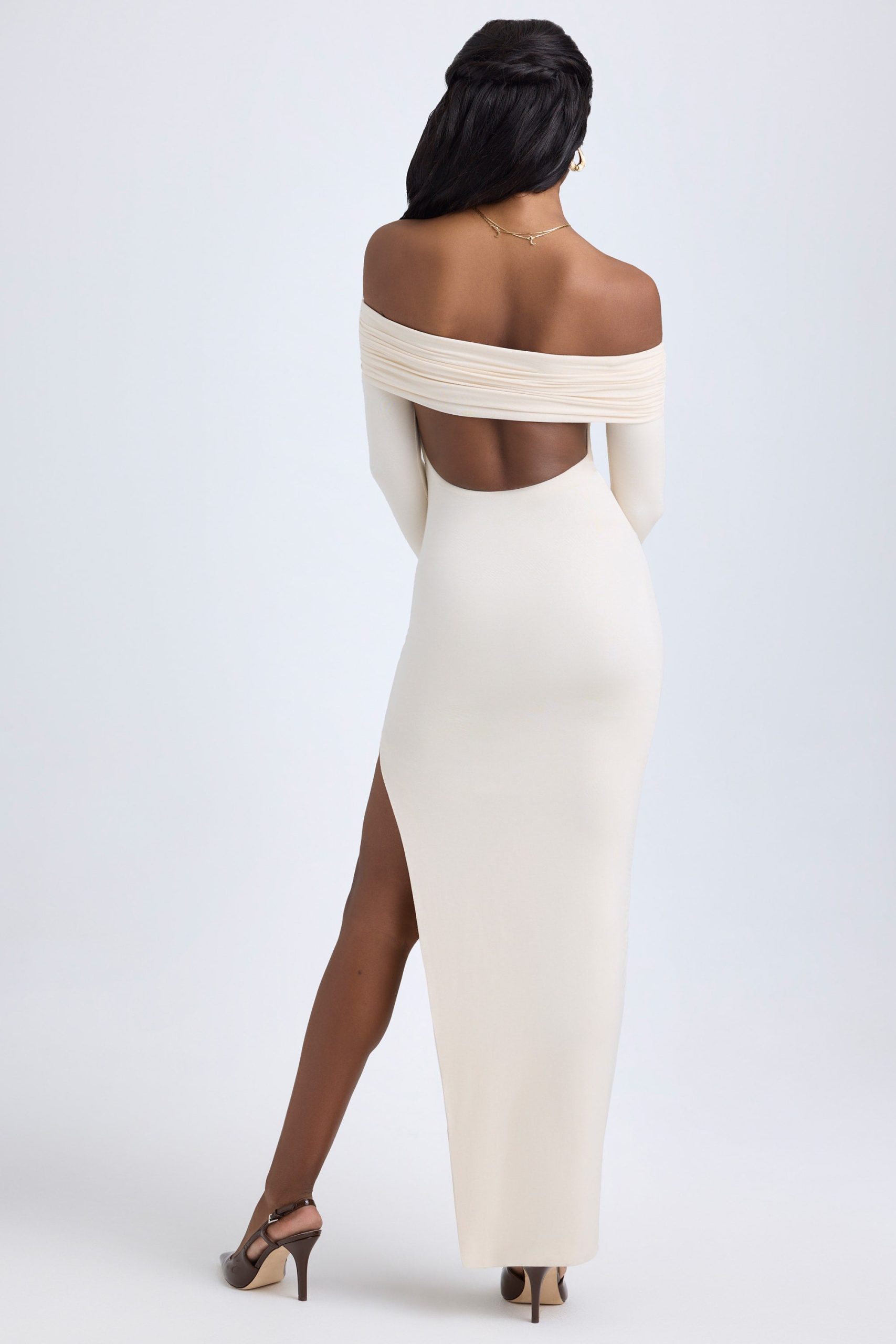 Modal Off-Shoulder Open-Back Maxi Dress in Ivory - Image 3