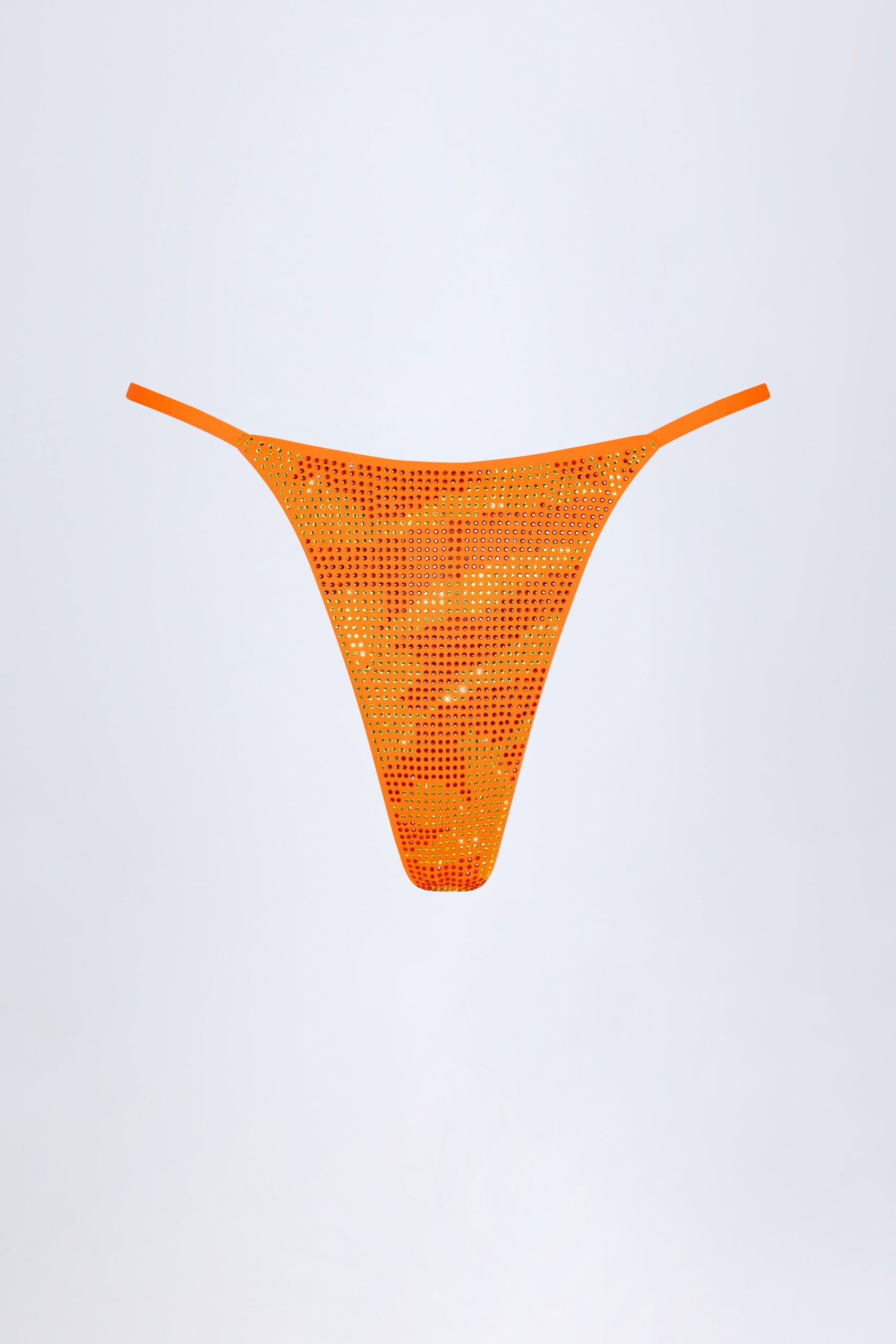 Embellished Thong Bikini Bottoms in Orange Tropical Print - Image 3