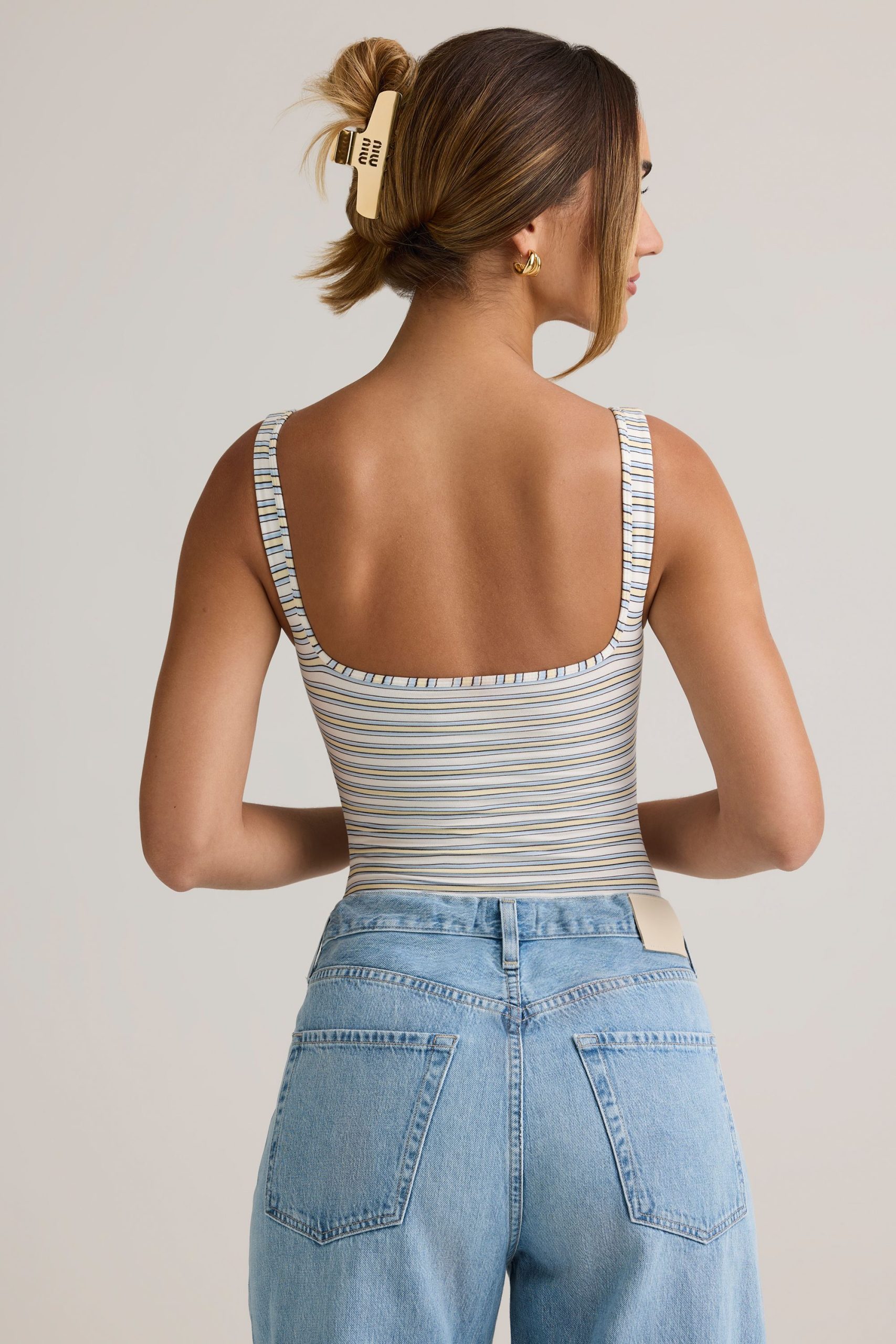 Modal Square-Neck Bodysuit in Blue Yellow Stripe - Image 2