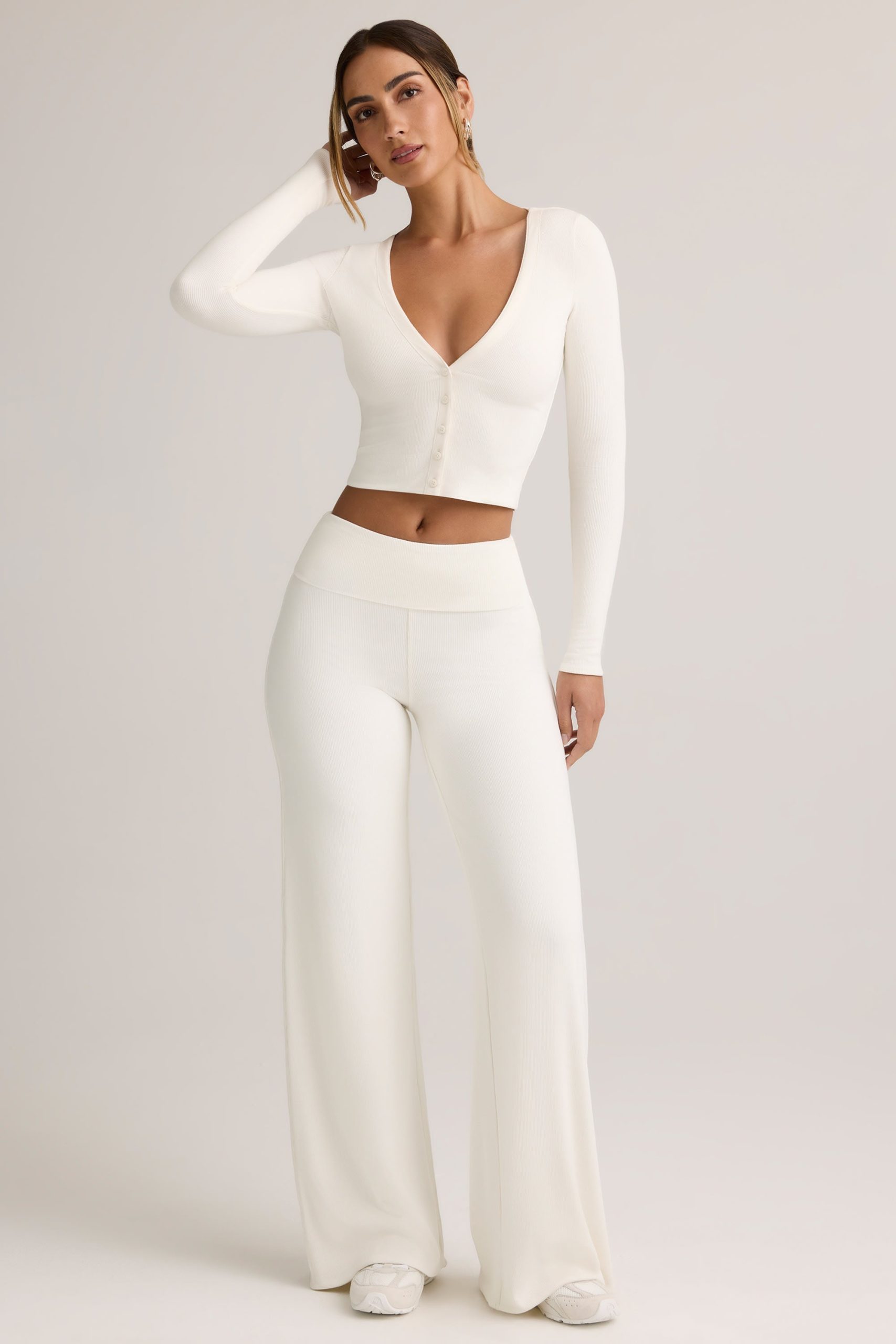 Modal Ribbed Cropped Cardigan in White - Image 5