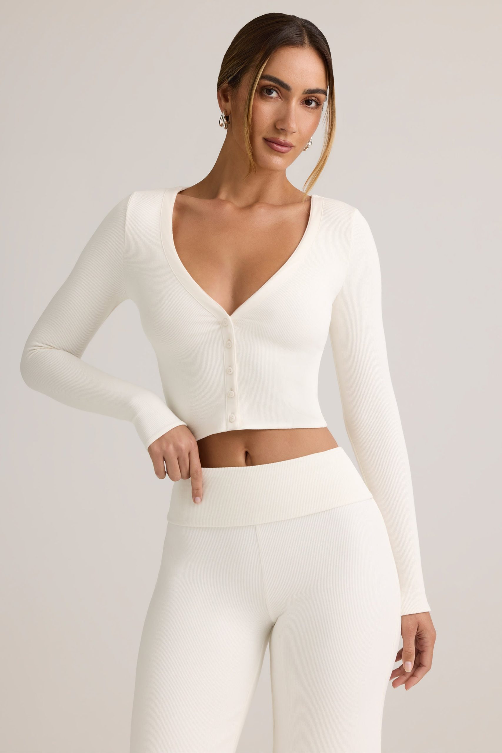 Modal Ribbed Cropped Cardigan in White - Image 6