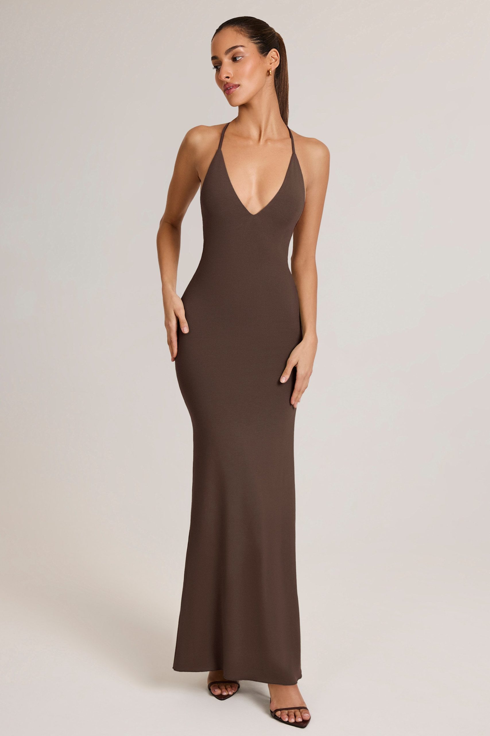 Modal Plunge Backless Maxi Dress in Chocolate Brown - Image 2